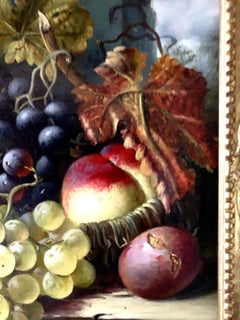Still life of grapes, plumbs, peaches and Delft vase, gray green brown