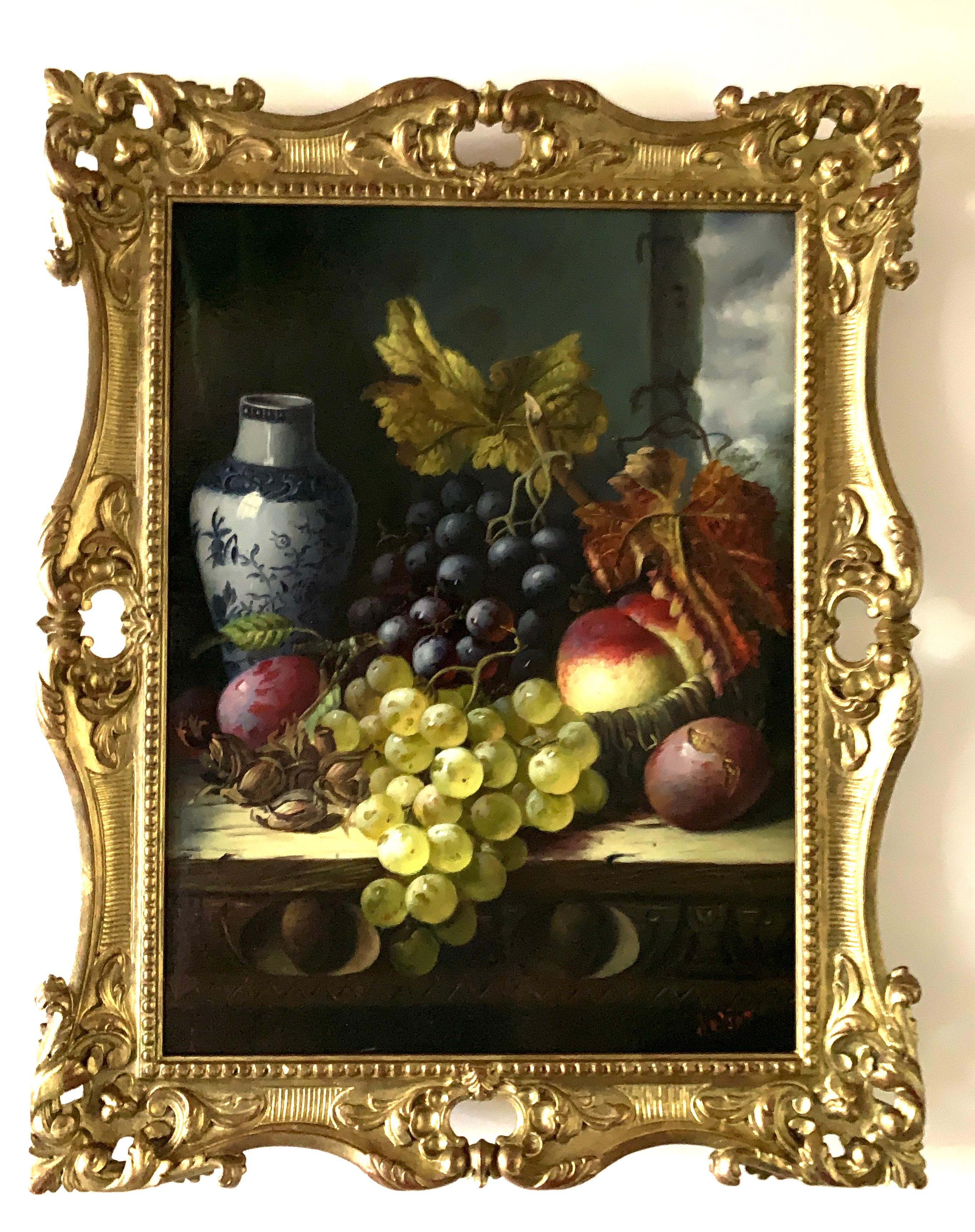 Still life of grapes, plumbs, peaches and Delft vase, gray green brown