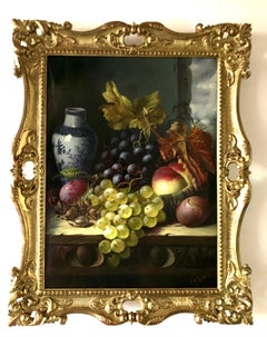 Still life of grapes, plumbs, peaches and Delft vase, gray green brown