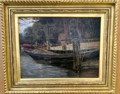 Antique English river landscape with figures, boats, swans, London , brown gray