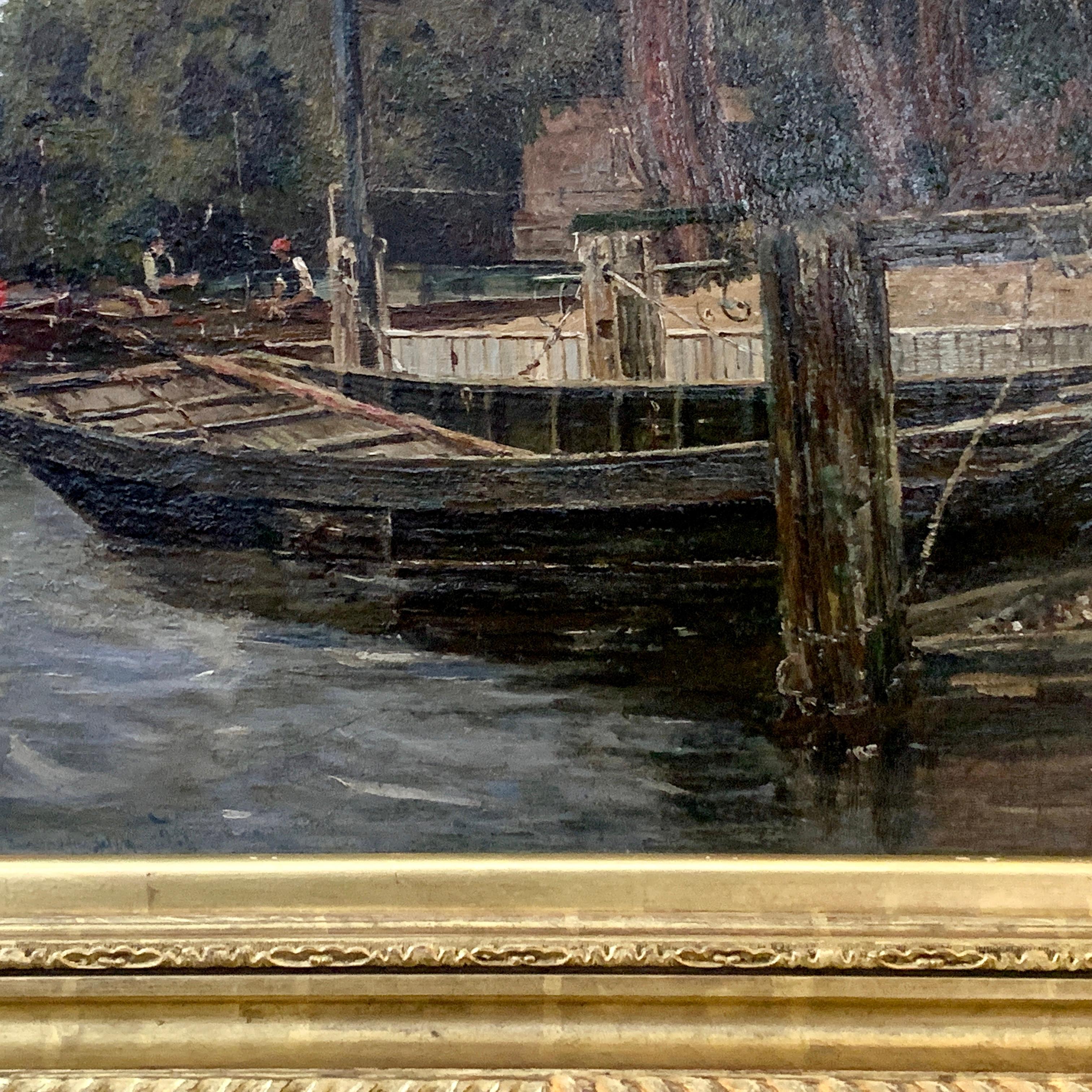 Antique paysage fluvial anglais avec personnages, bateaux, cygnes, London, Brown gray - Victorien Painting par Richard Hamilton Chapman