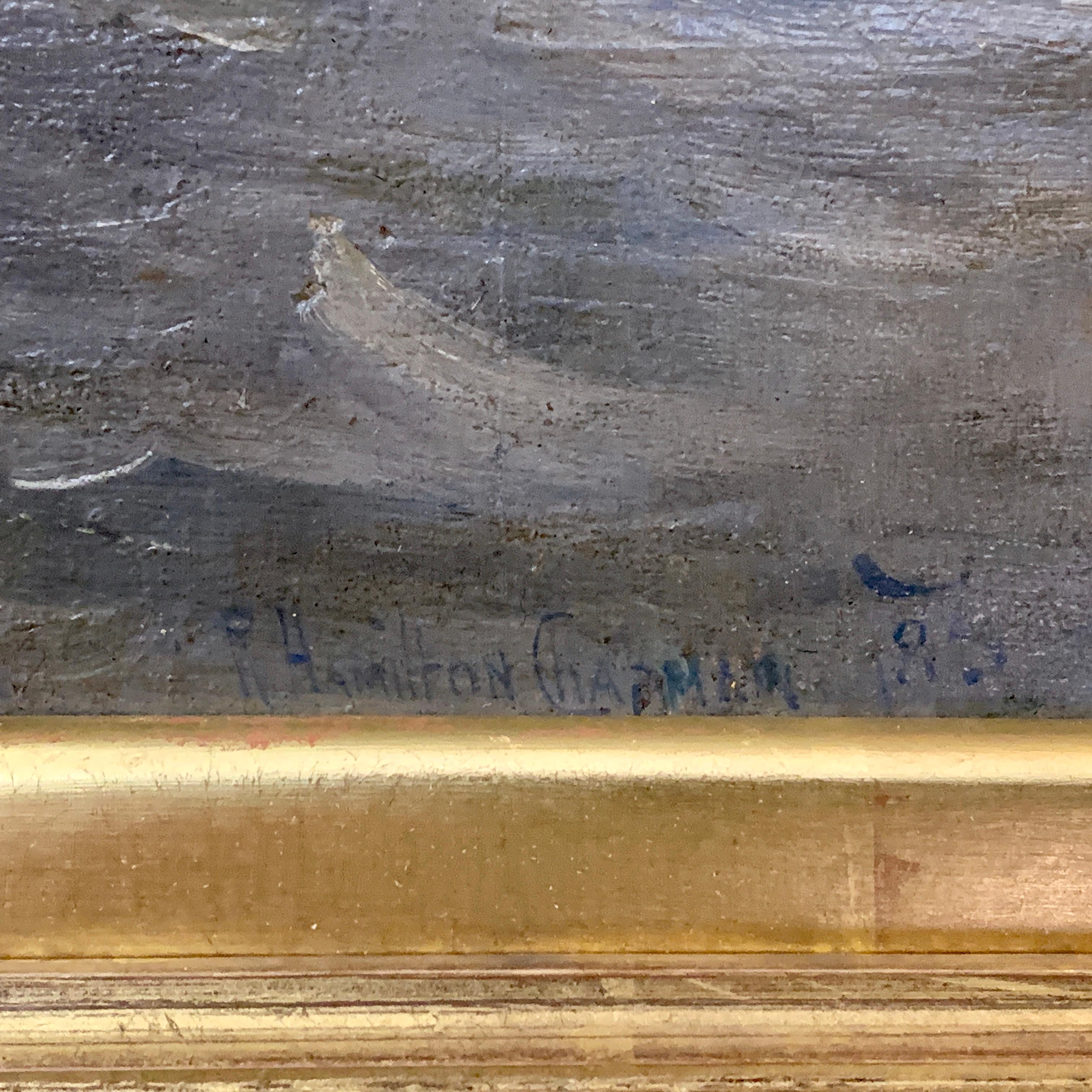 Antique paysage fluvial anglais avec personnages, bateaux, cygnes, London, Brown gray - Marron Figurative Painting par Richard Hamilton Chapman