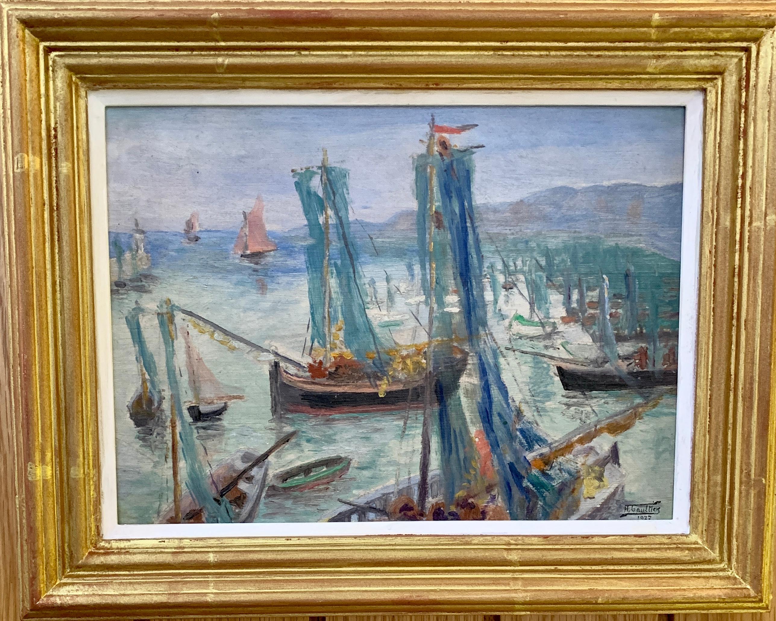 H.Gaultier Figurative Painting - French 20th century Impressionist harbor, with fishing boats at sea, landscape