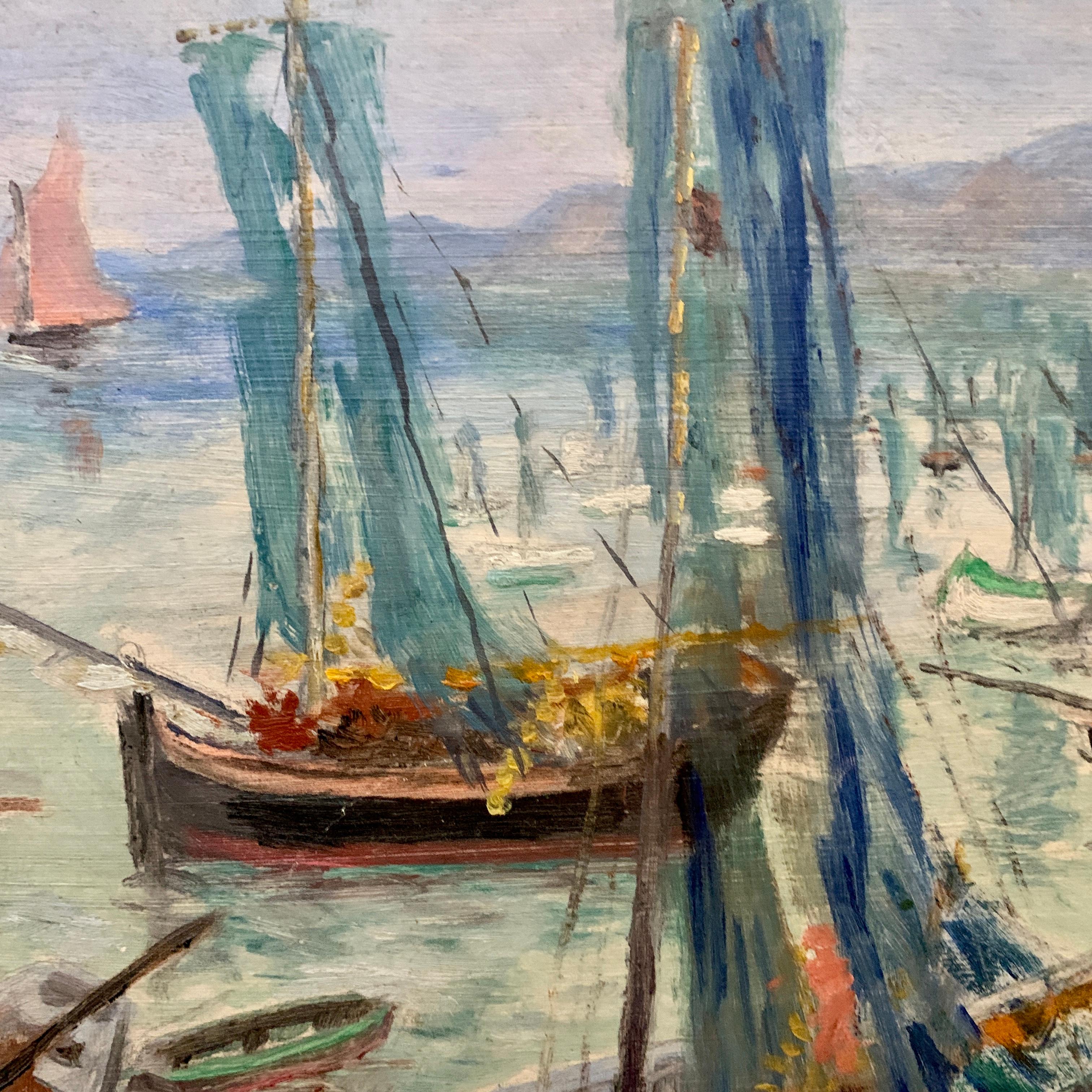 French 20th century Impressionist harbor, with fishing boats at sea, landscape - Painting by H.Gaultier