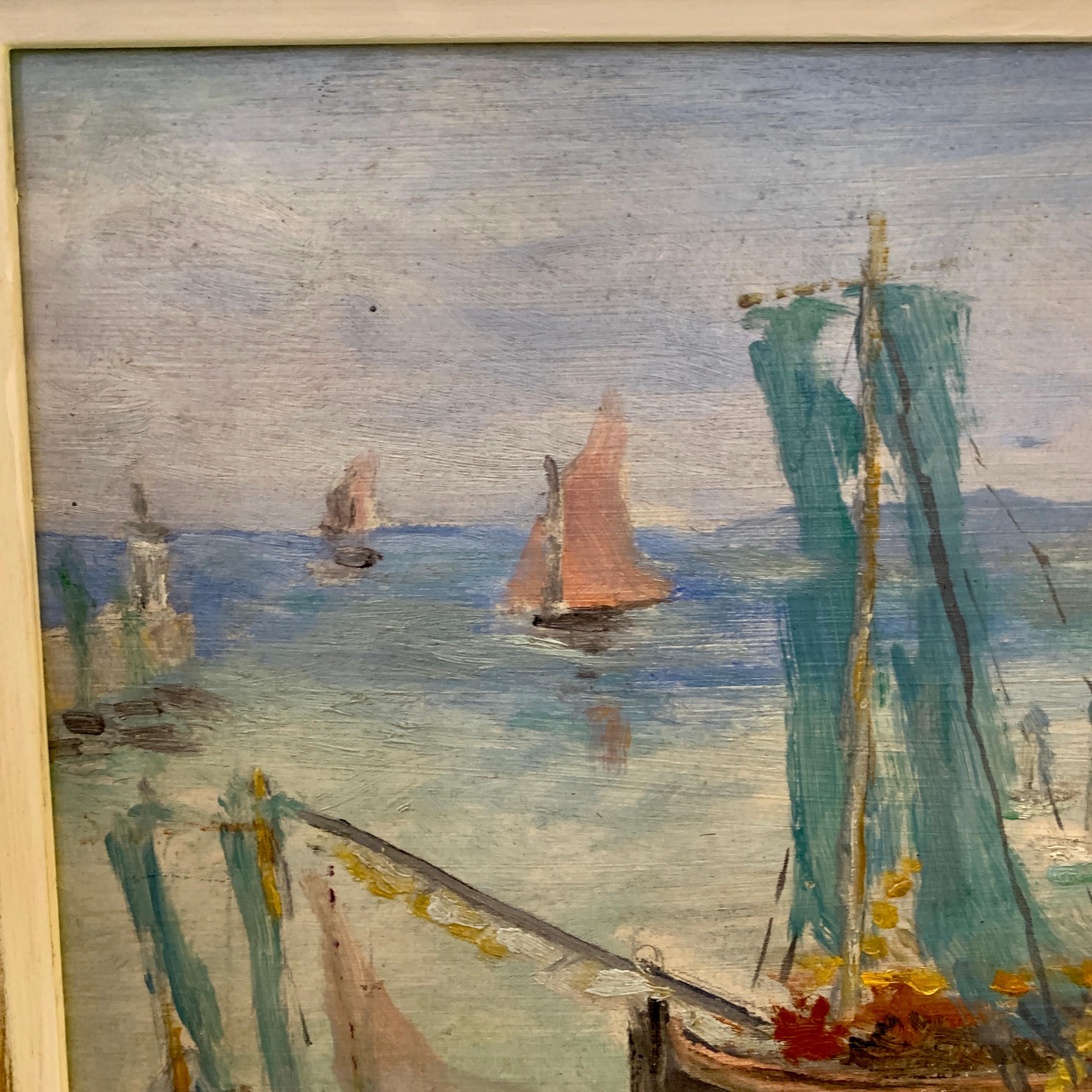 French 20th-century Impressionist harbor, with fishing boats at sea, with landscape beyond.

 20th-century French impressionist harbor scene.

The artist has achieved a very decorative image with the use of complementary colors throughout the