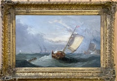 Antique English marine, fishing boats at sea with rough weather, English Channel