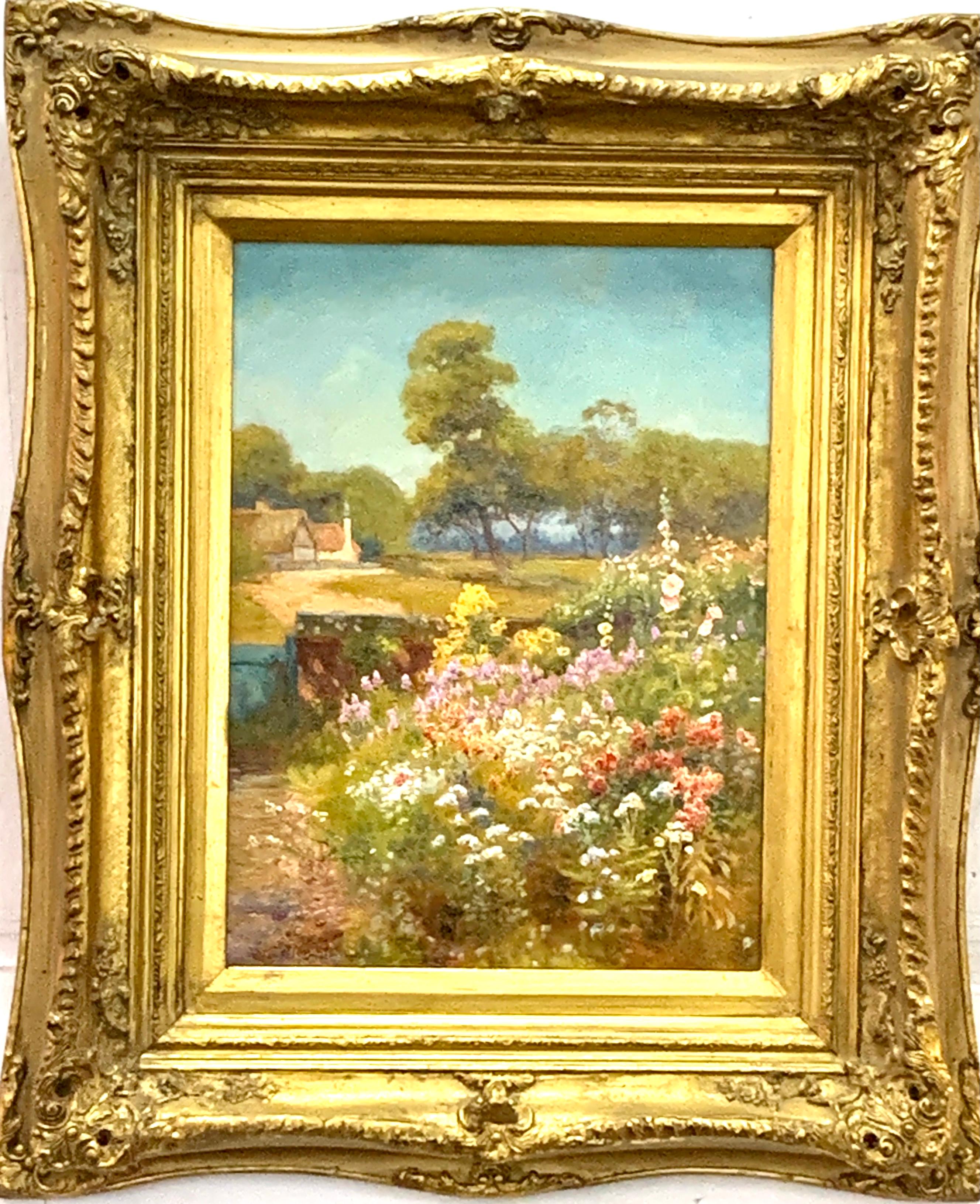 Walter Follen Bishop Figurative Painting - English 19th century Garden landscape with flowers, roses , hollyhock in the sun