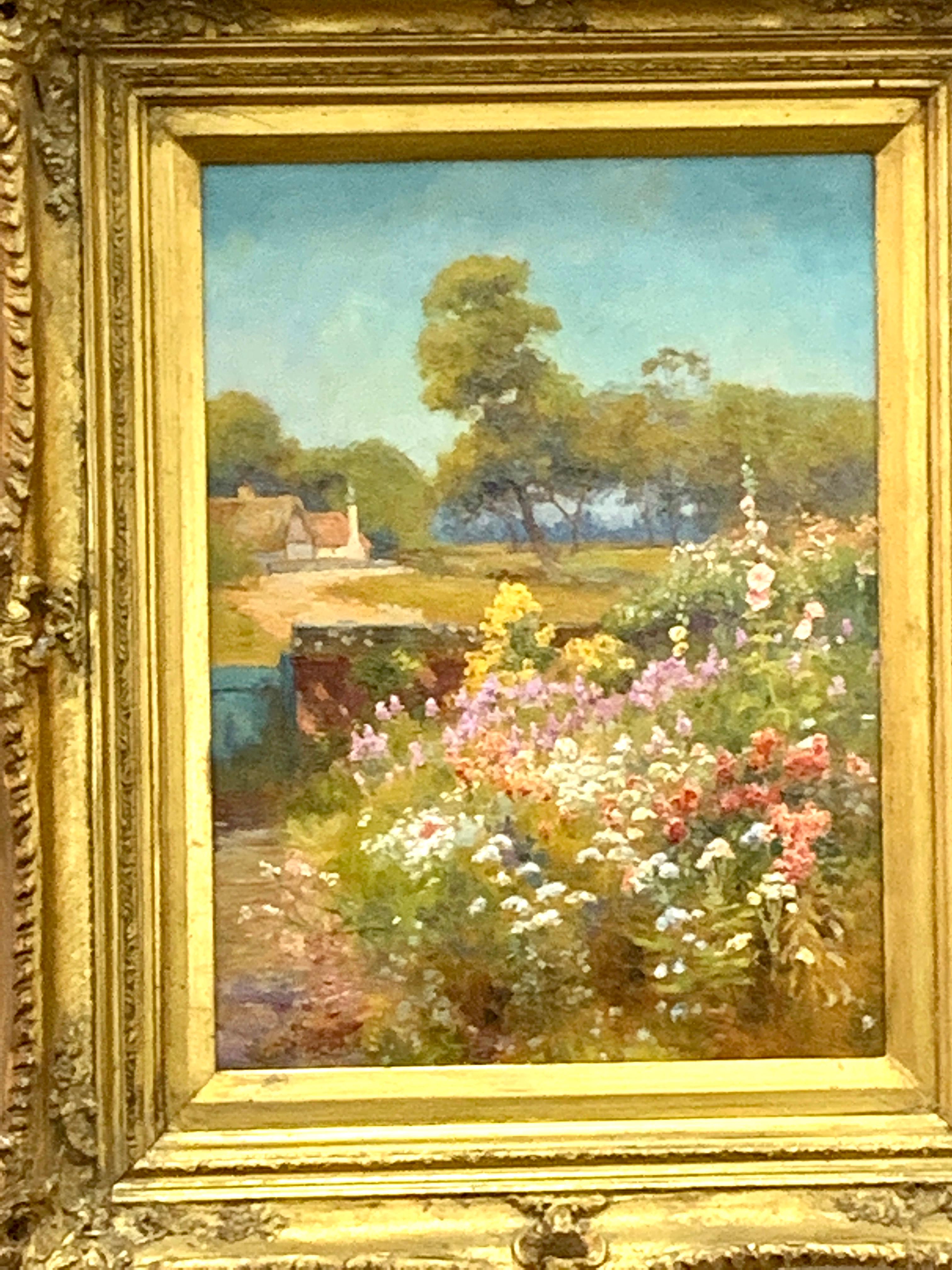 English 19th century Garden landscape with flowers, roses , hollyhock in the sun - Painting by Walter Follen Bishop