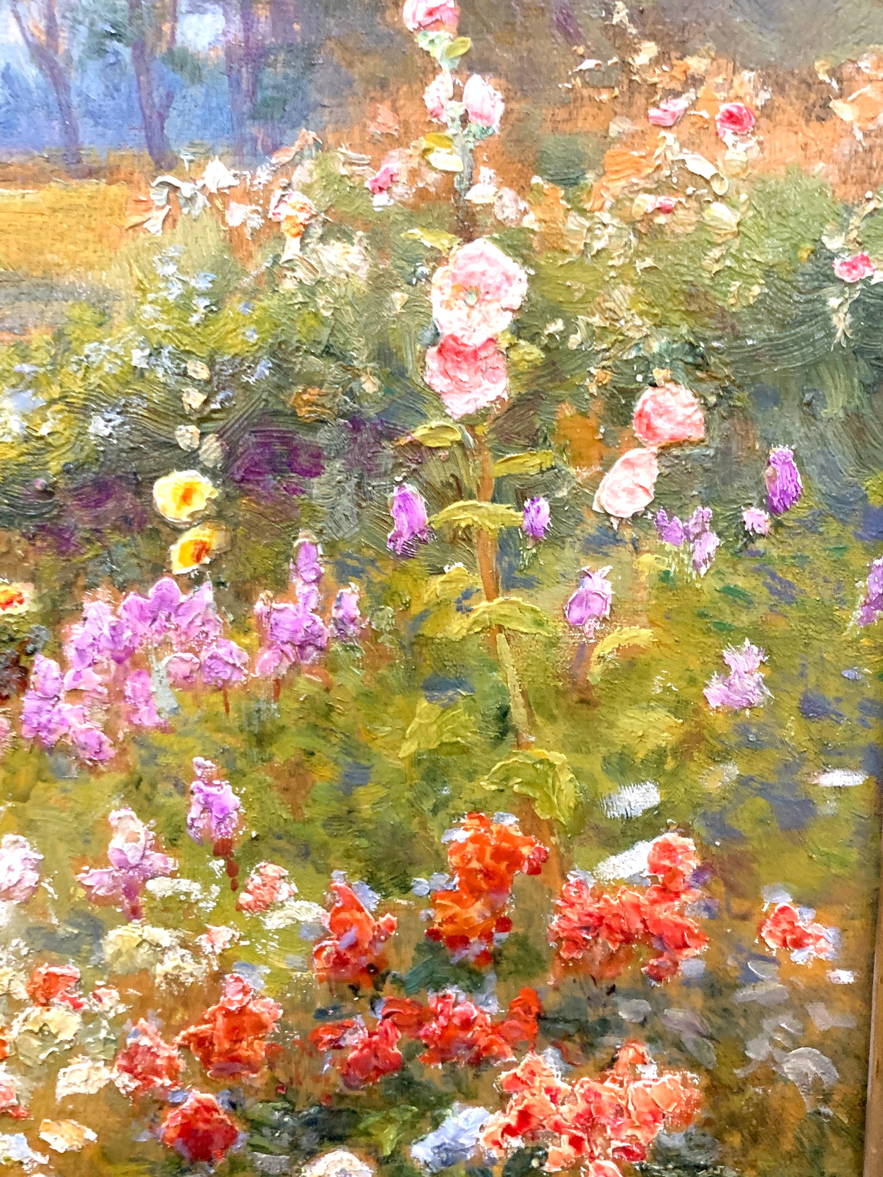 English 19th century Garden landscape with flowers, roses, hollyhock, in the late summer sun.

Walter Follen Bishop was a Liverpool artist, though he also lived in both London and Jersey. He was fascinated by the play of light on leaves, bracken,