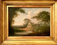  18th century English rural landscape with figures fishing and horse and cart