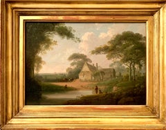 18th century English rural landscape with figures fishing and horse and cart