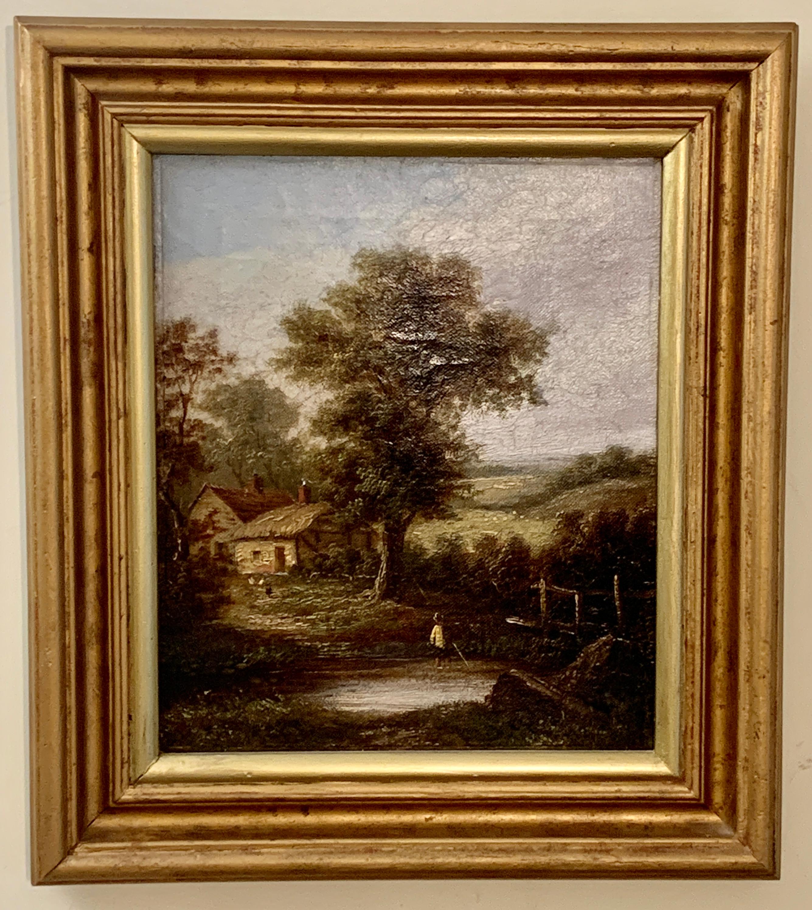 Pair of English Antique landscapes with men fishing, cottages, and cow, cattle - Painting by W.Yates