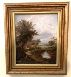 Pair of English Antique landscapes with men fishing, cottages, and cow, cattle 