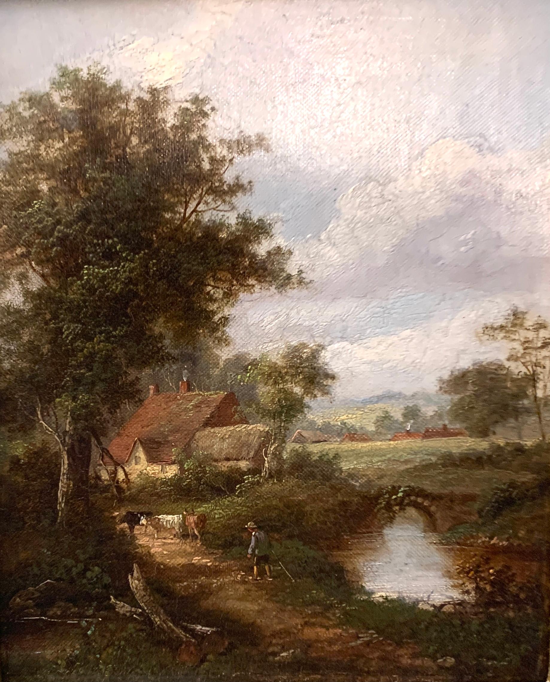 Pair of English Antique landscapes with men fishing, cottages, and cow, cattle - Brown Landscape Painting by W.Yates