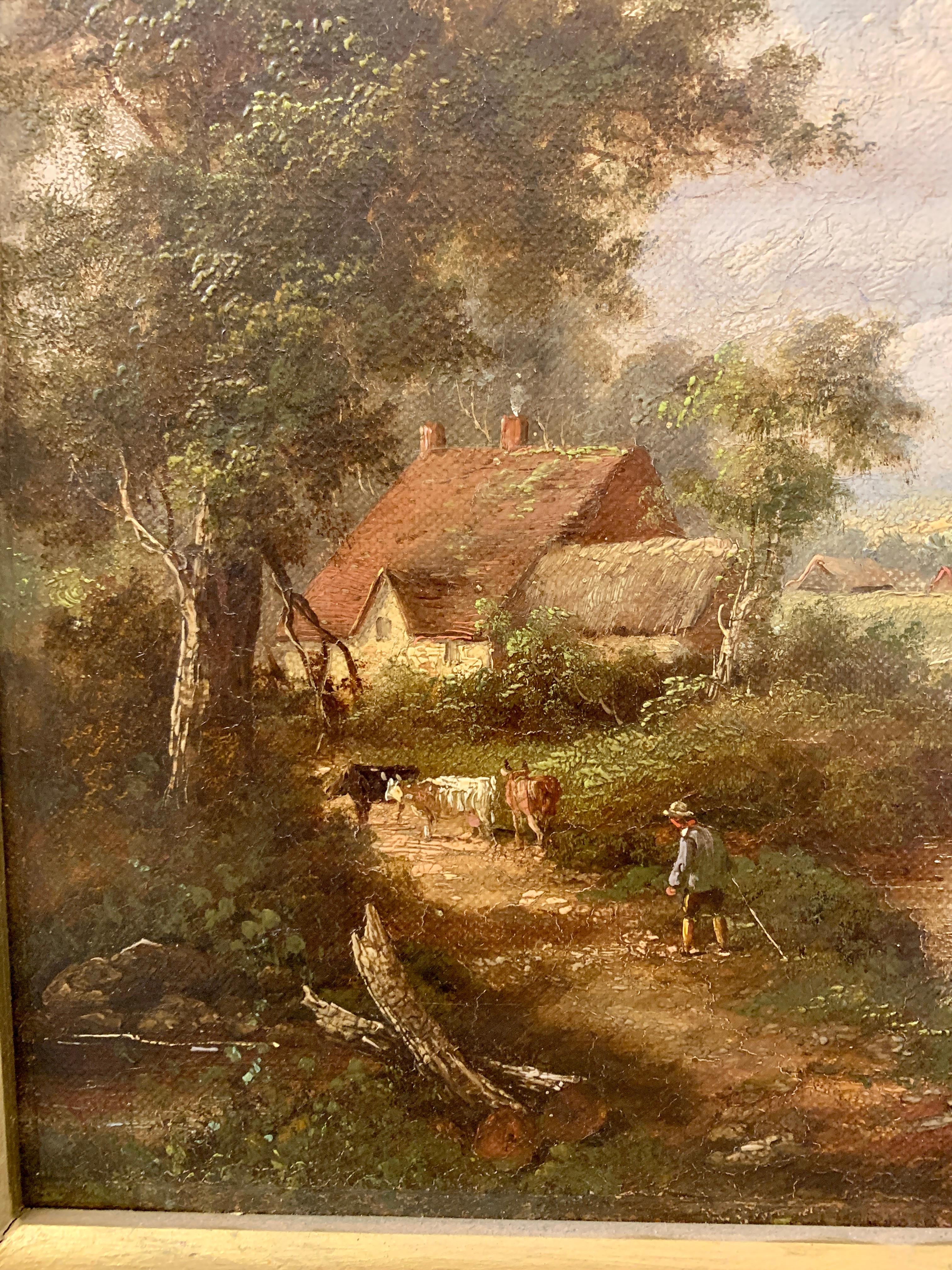 Pair of English Antique landscapes with men fishing, cottages, and cow, cattle 1