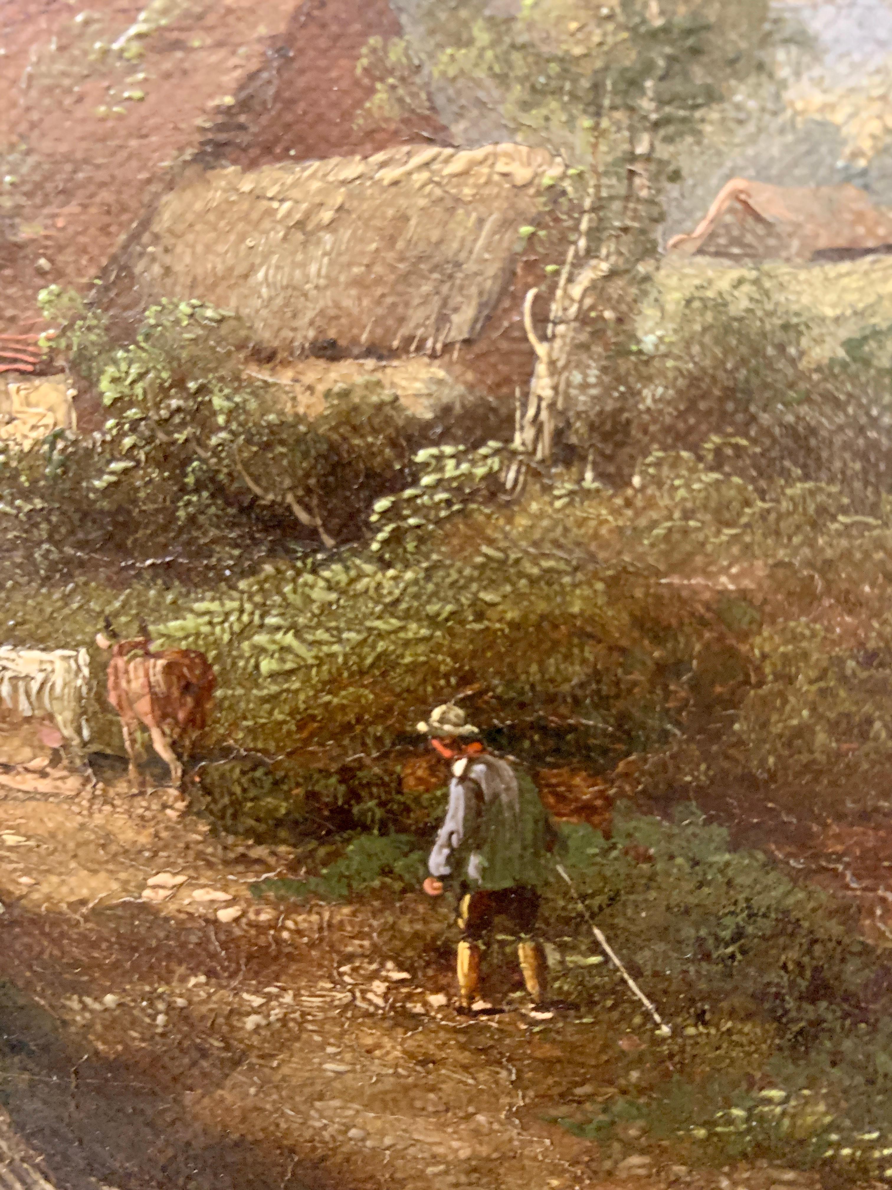 Pair of English Antique landscapes with men fishing, cottages, and cow, cattle 2