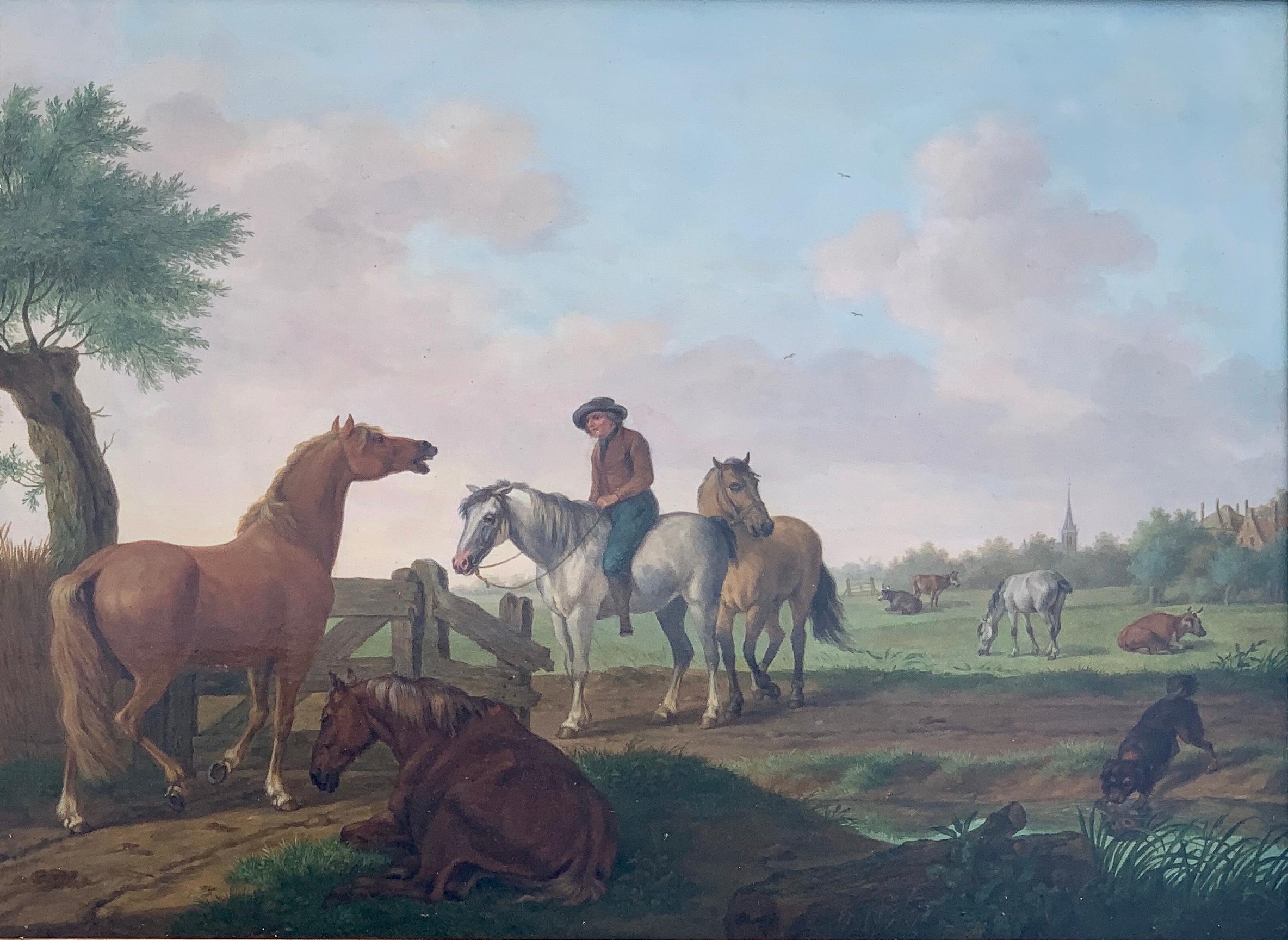 18th century Dutch oil of men on horses with landscape, and dog by a pond - Painting by Tethart Philip Christiaan Haag