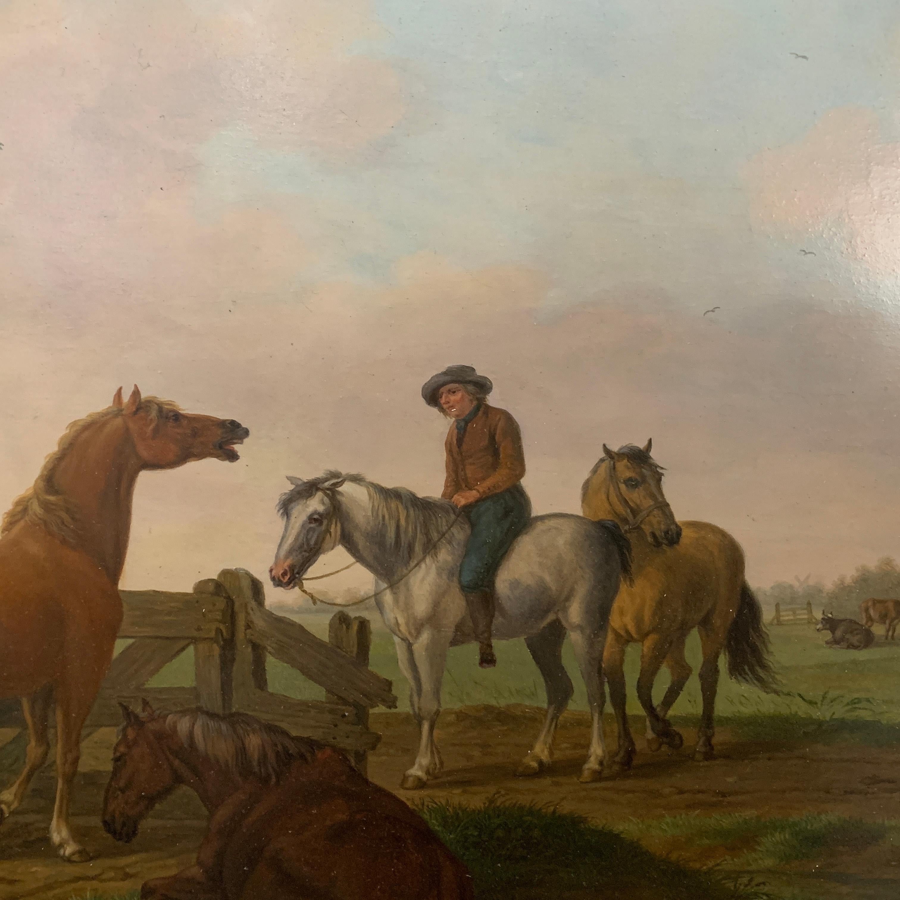 18th century Dutch oil of men on horses with landscape, and dog by a pond - Old Masters Painting by Tethart Philip Christiaan Haag