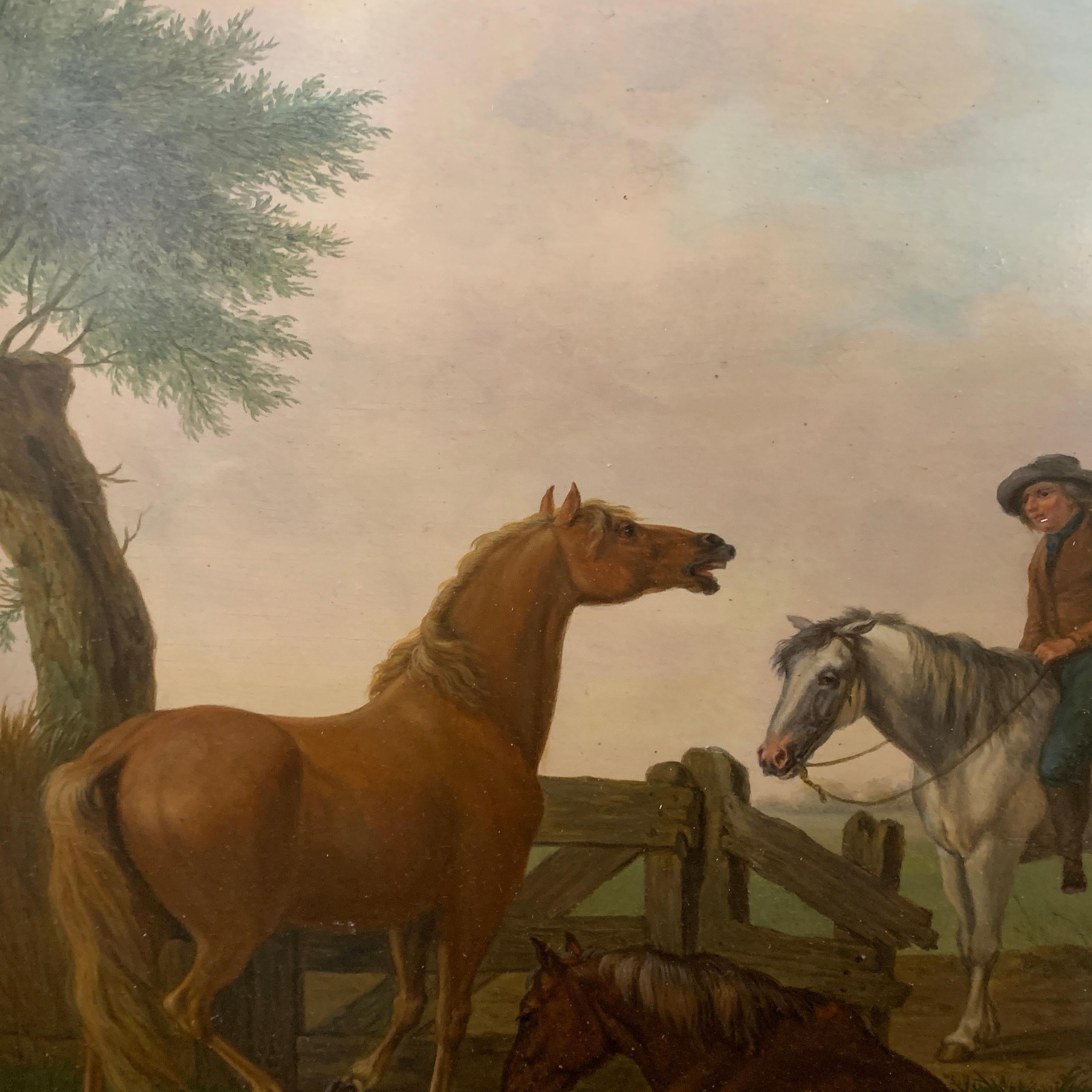18th century Dutch oil of men on horses with landscape, and dog by a pond - Brown Landscape Painting by Tethart Philip Christiaan Haag