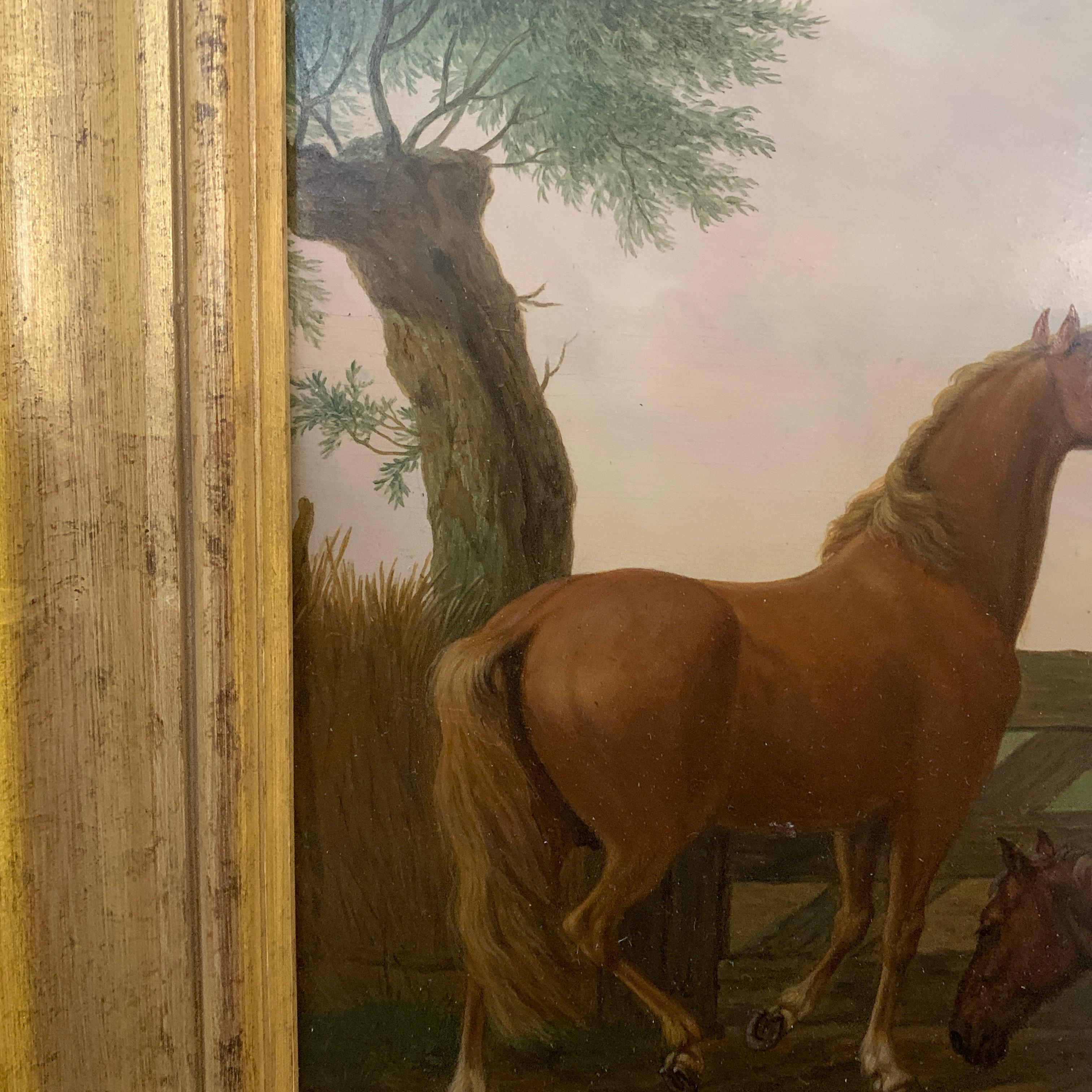 18th century Dutch oil of men on horses with landscape, and dog by a pond 1
