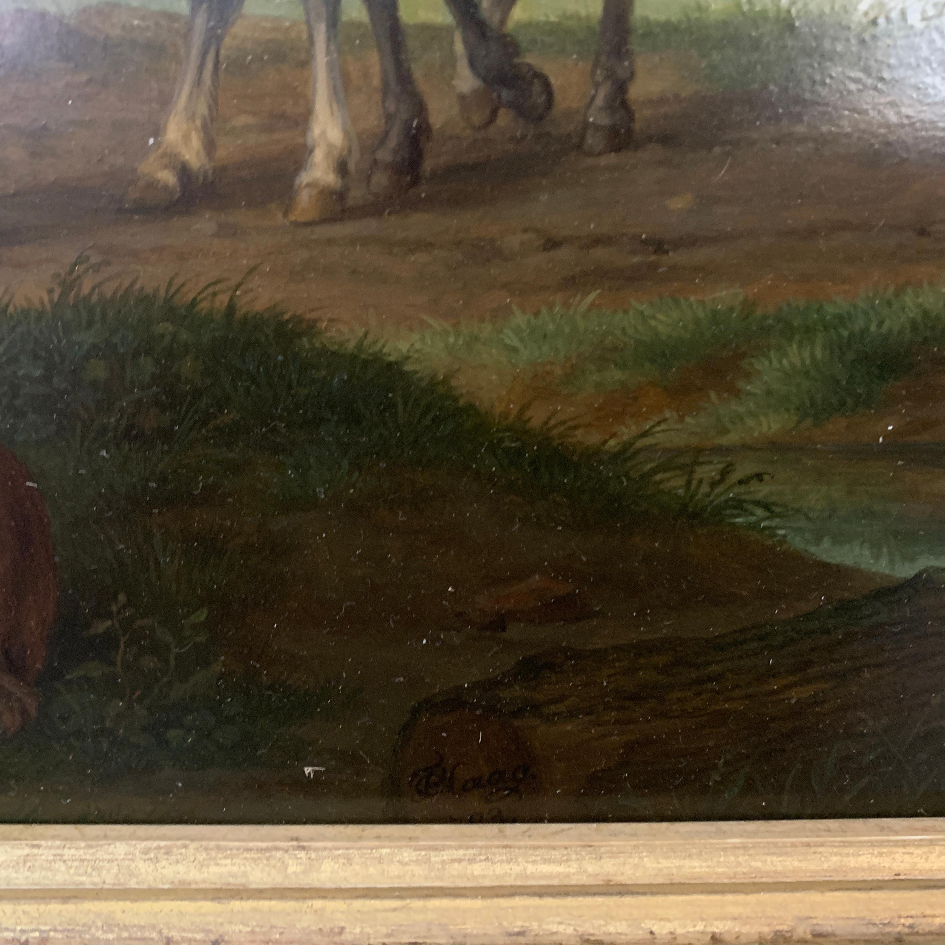 18th century Dutch oil of men on horses with landscape, and dog by a pond 3