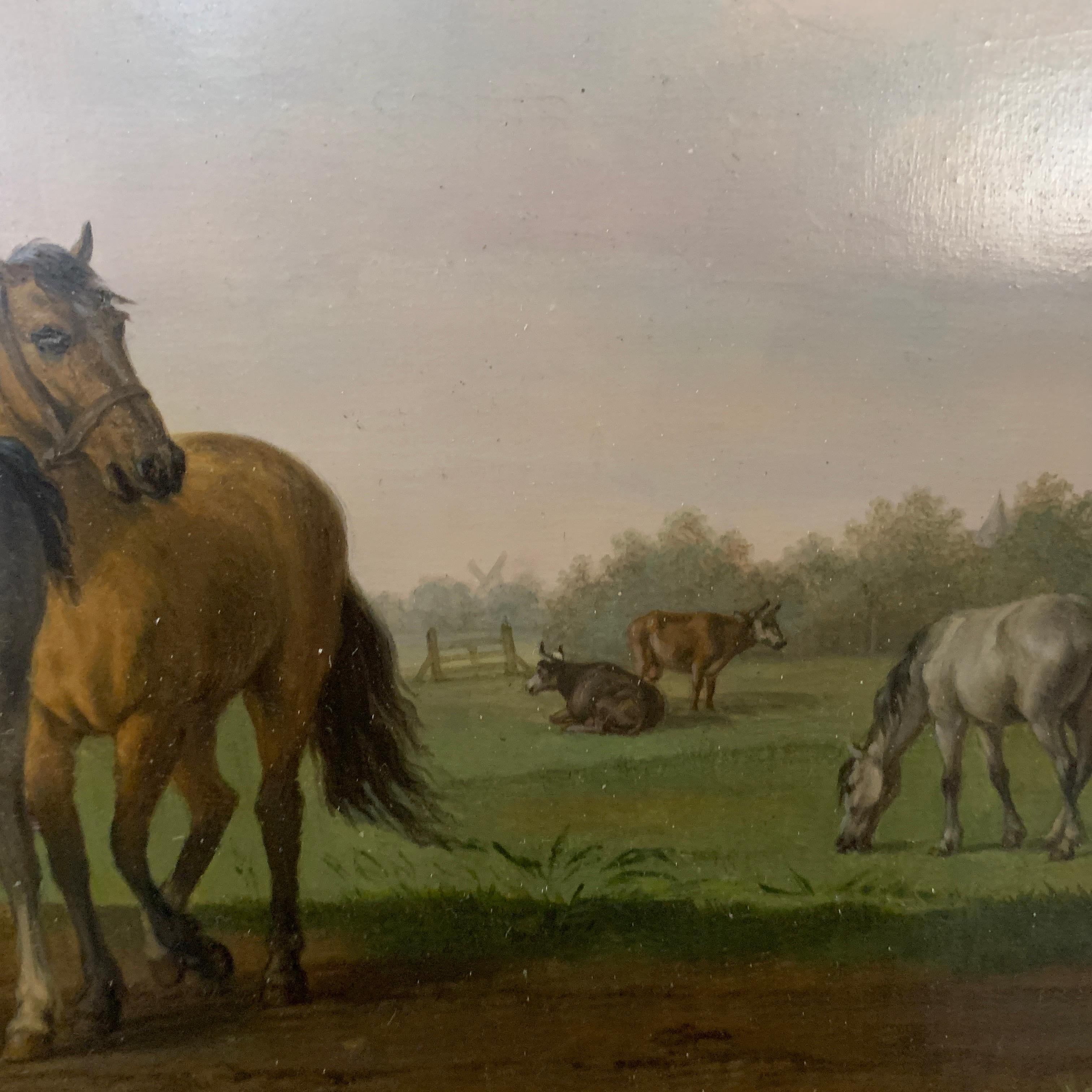 18th century Dutch oil of men on horses with landscape, and dog by a pond 4