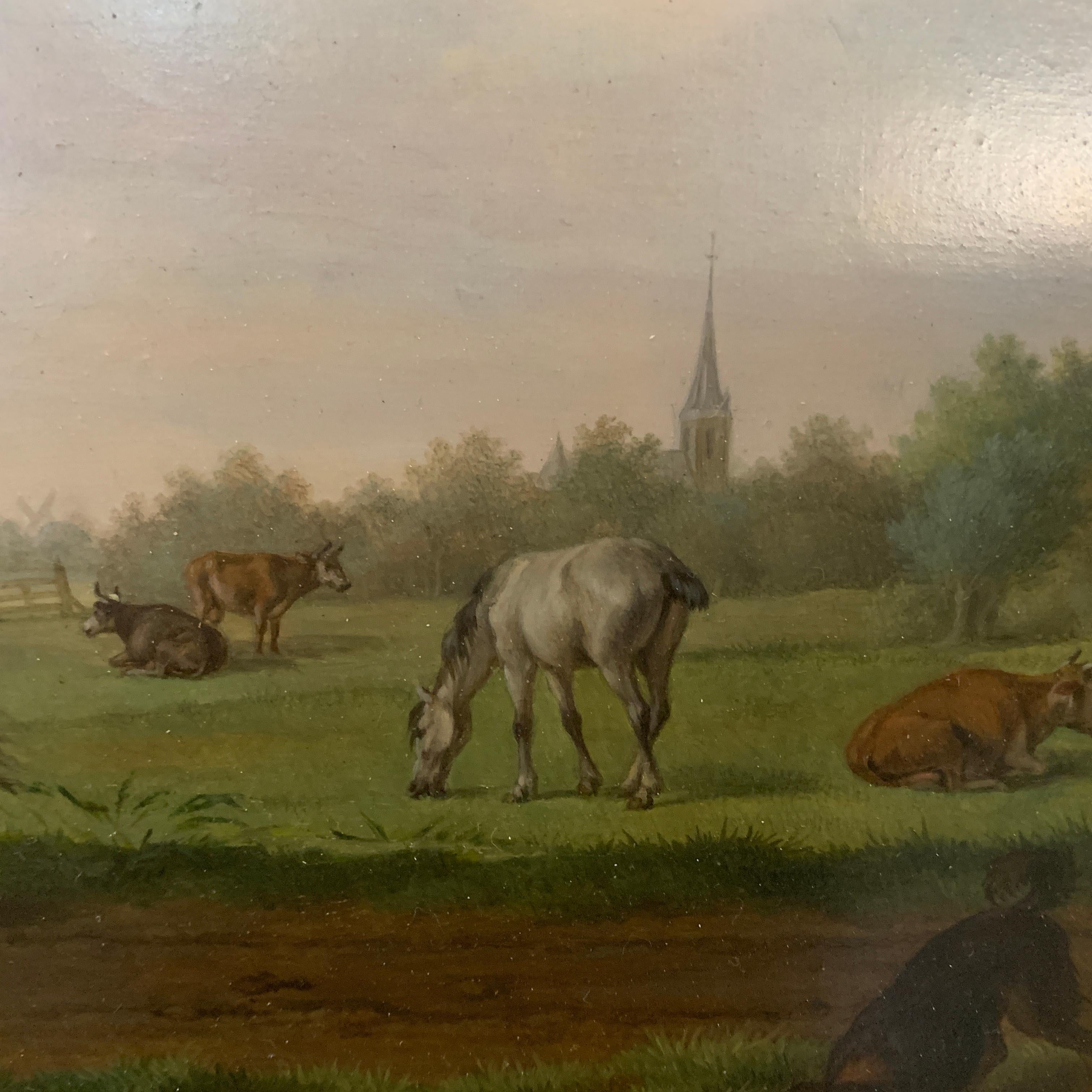 18th century Dutch oil of men on horses with landscape, and dog by a pond 5
