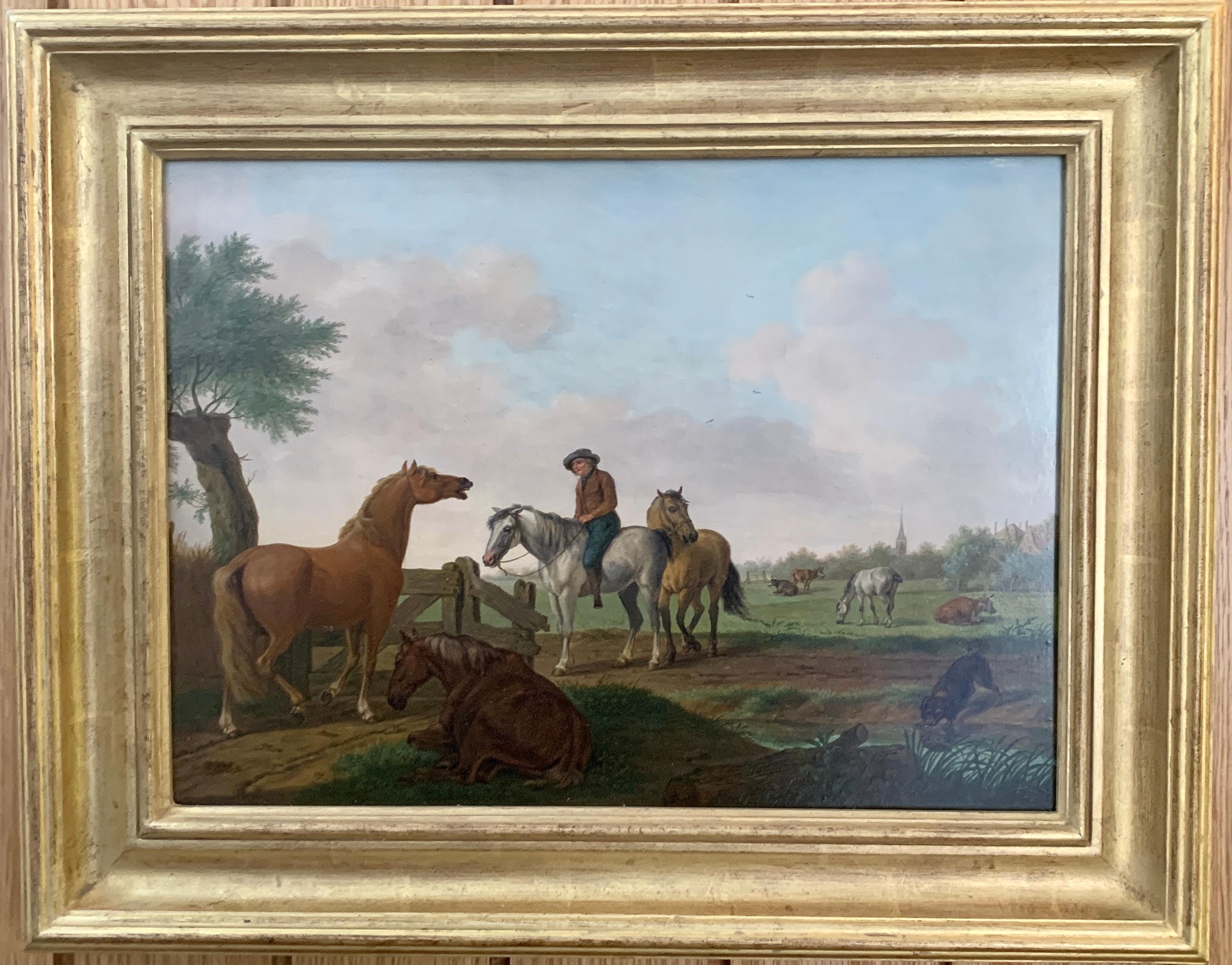 Tethart Philip Christiaan Haag Landscape Painting - 18th century Dutch oil of men on horses with landscape, and dog by a pond