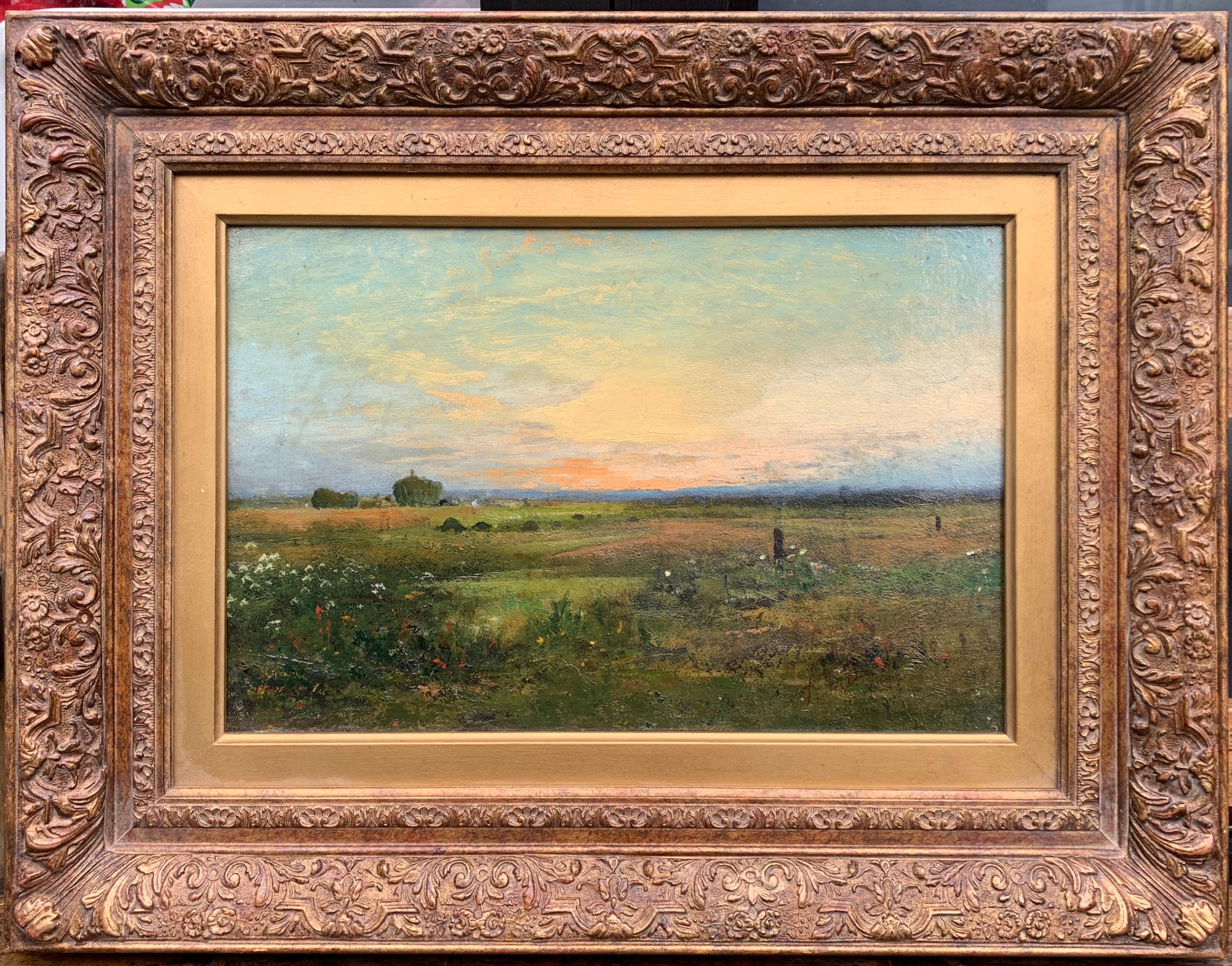 F de Brenah Landscape Painting - French 19th century Impressionist sunset landscape, with wild flowers in a field