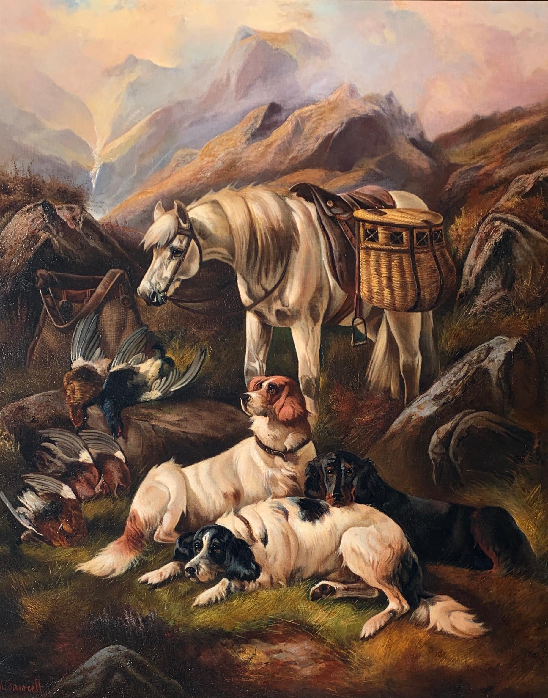 Scottish Highland landscape with pony, setter dogs, Red Grouse, day shooting  - Painting by Robert Cleminson