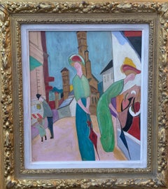 Art Deco Austrian figure subject with women, a child and man walking in a town