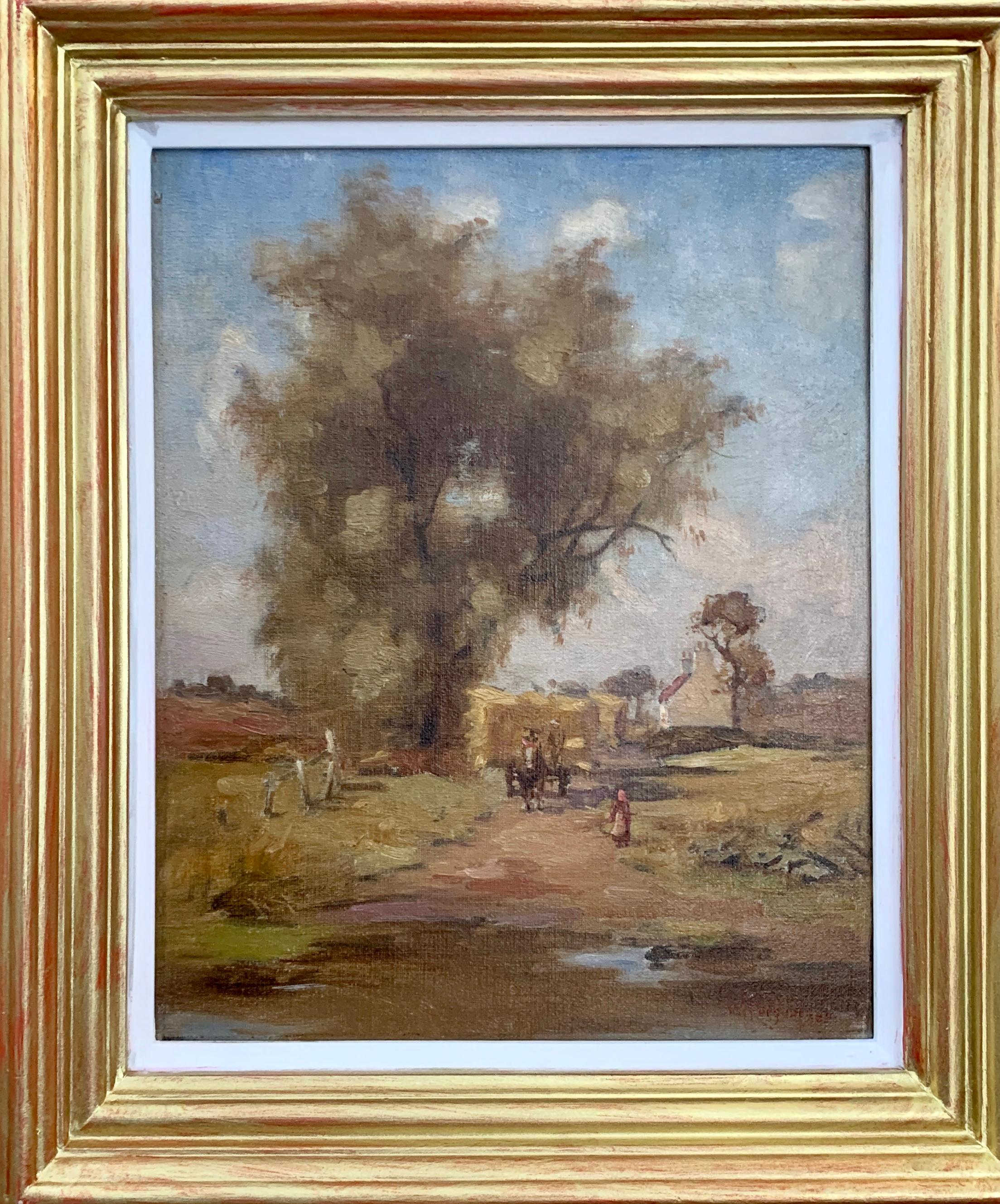English Impressionist Landschaft, spätes 19. Jahrhundert mit Pferd Heuwagen, Cottage