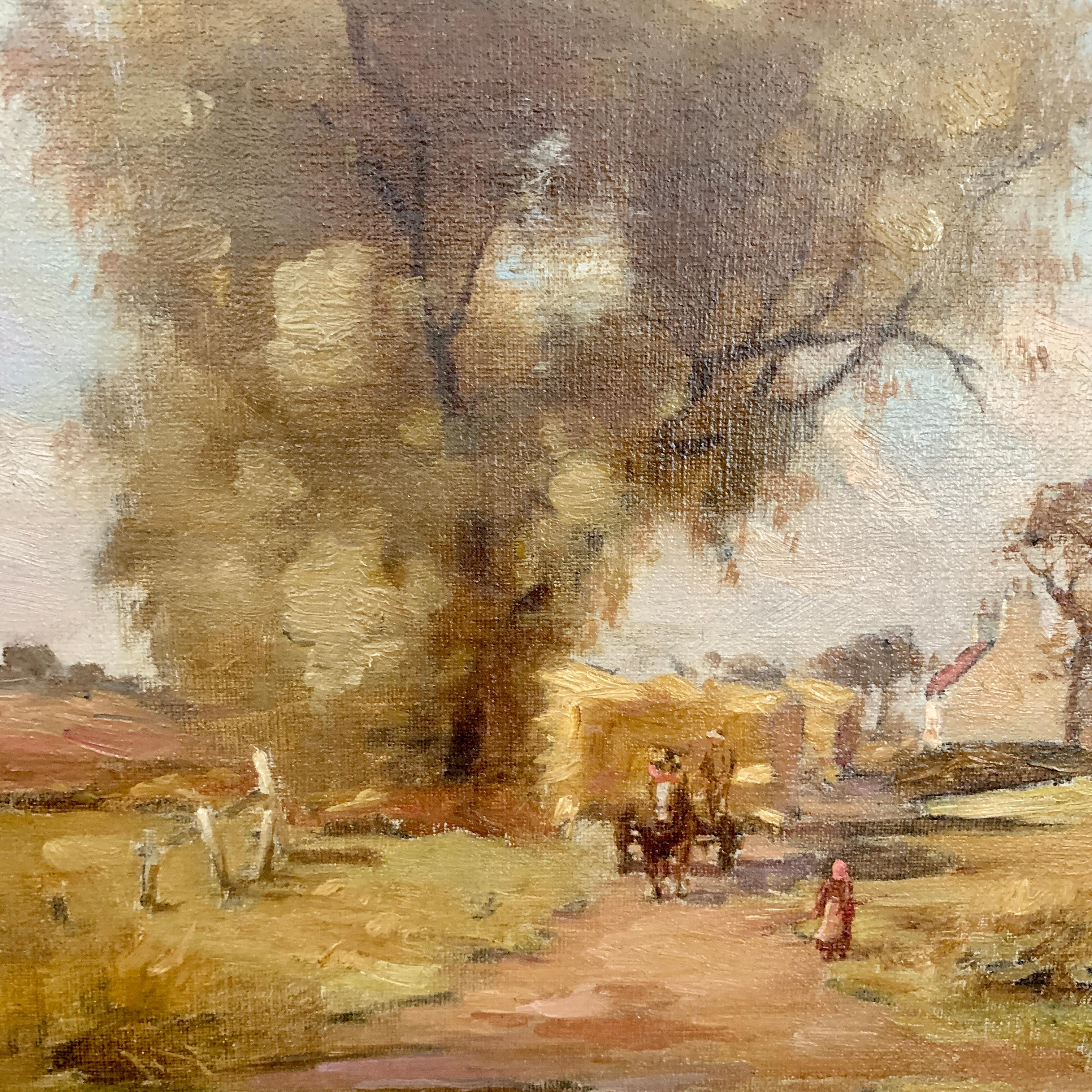 Paesaggio English Impressionist della fine del XIX secolo con cavallo, carro da fieno e cottage - Landscape Painting Marrone di W.Ferguson