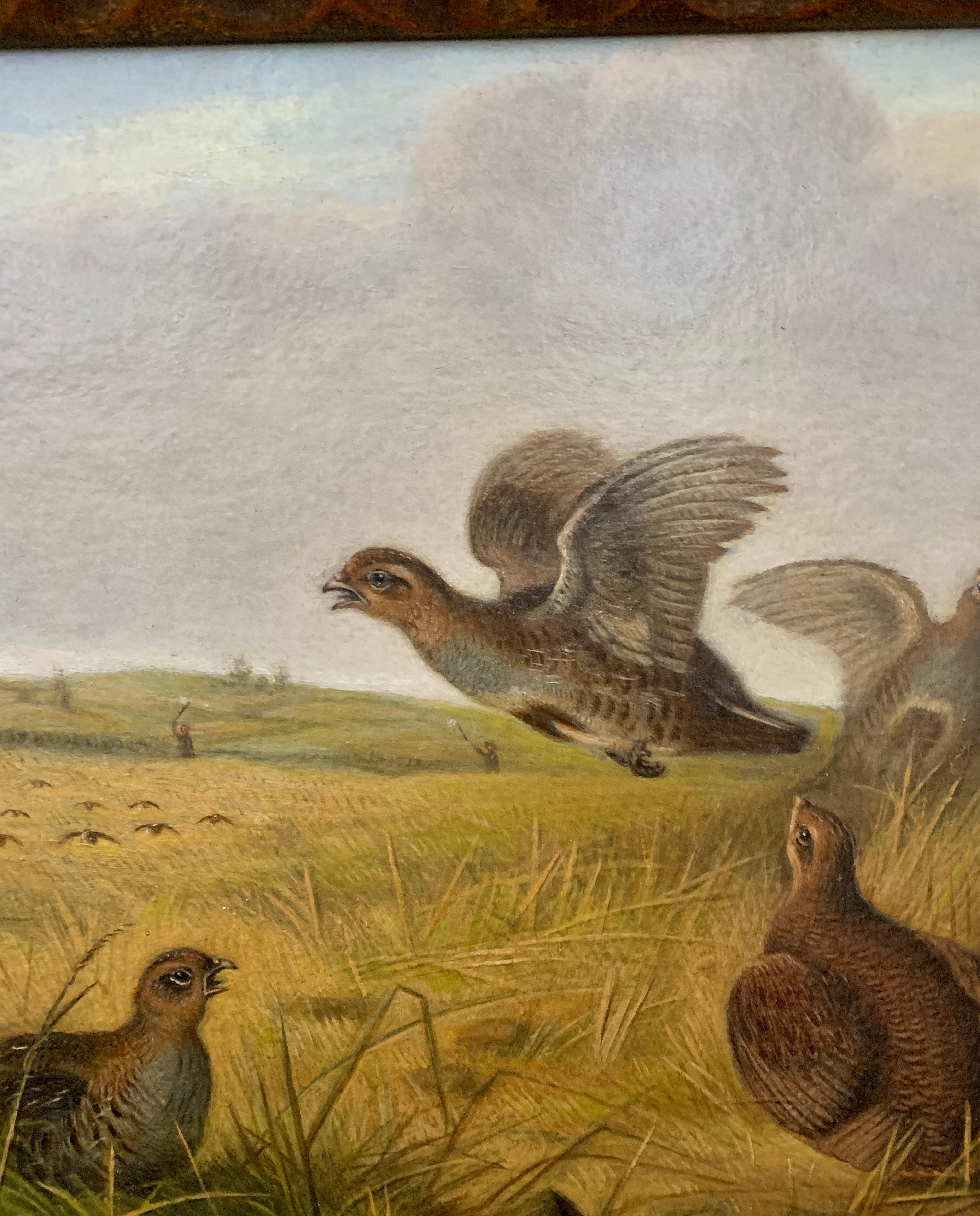 English 19th century, Pheasants at flight during a shoot in an English landscape - Painting by Follower of Stephen Elmer