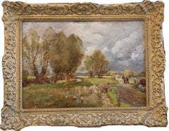 English Landscape, Impressionist landscape with horse and figures by a canal