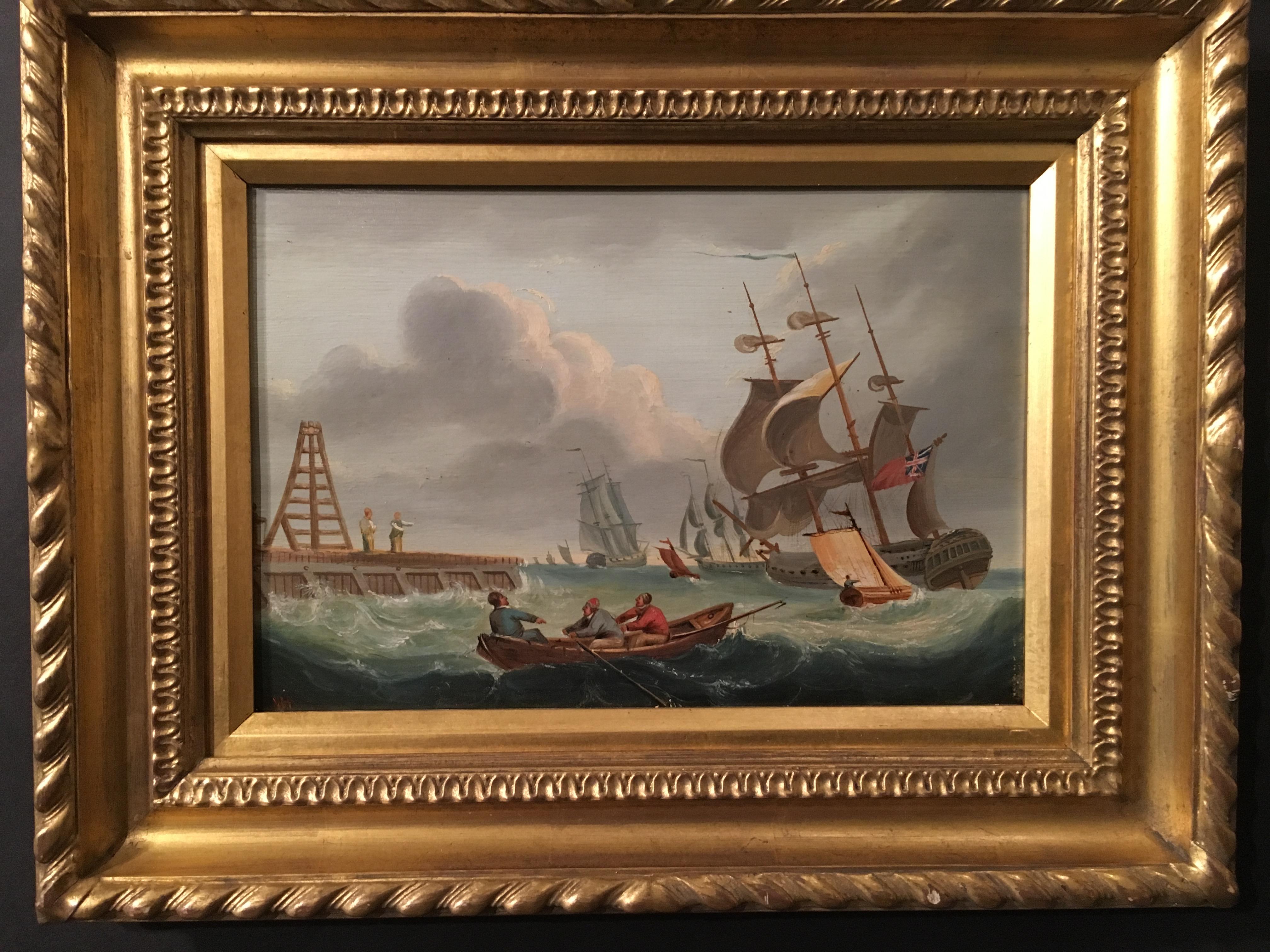English shipping scene with sale boats, war ships and a quayside harbor.