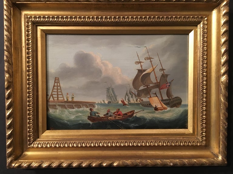 19th century British School Landscape Painting - English shipping scene with sale boats, war ships and a quayside harbor.