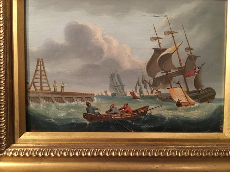 English shipping scene with sale boats, war ships and a quayside harbor. - Painting by 19th century British School