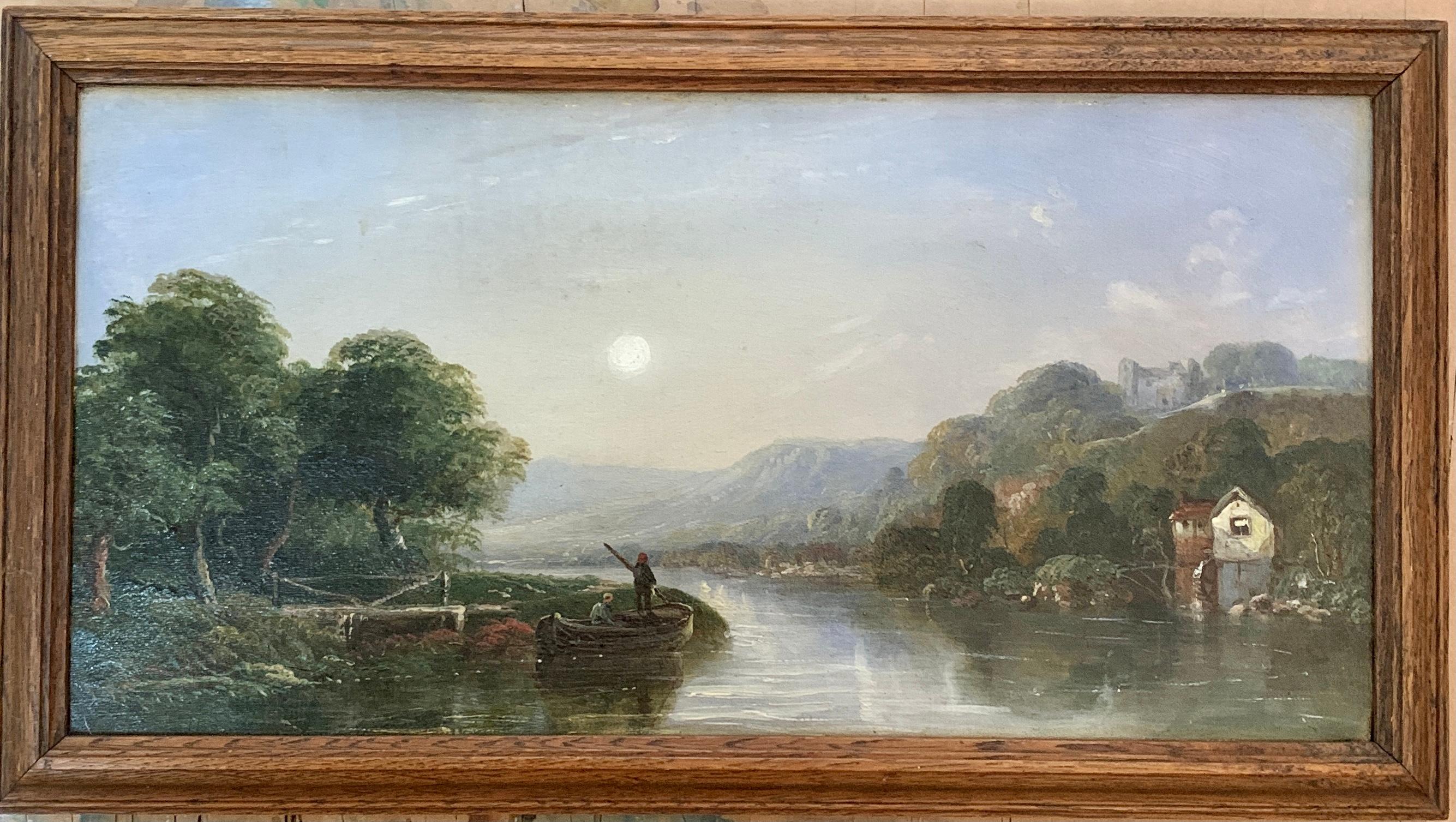 Victorian 19th century Moonlight landscape with river, fishermen and a watermill