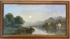 Victorian 19th century Moonlight landscape with river, fishermen and a watermill