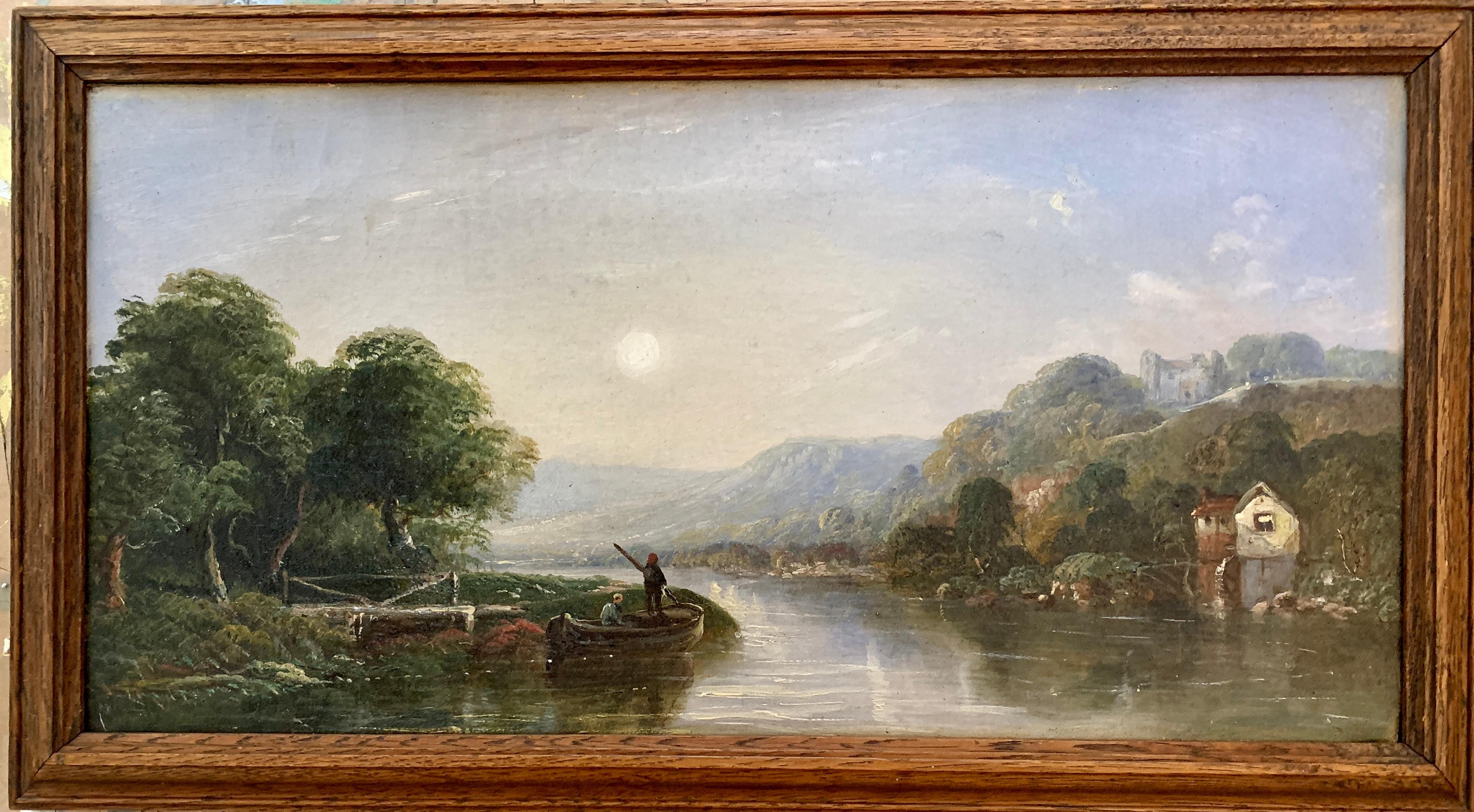 Victorian 19th century Moonlight landscape with river, fishermen and a watermill - Painting by J.Barclay