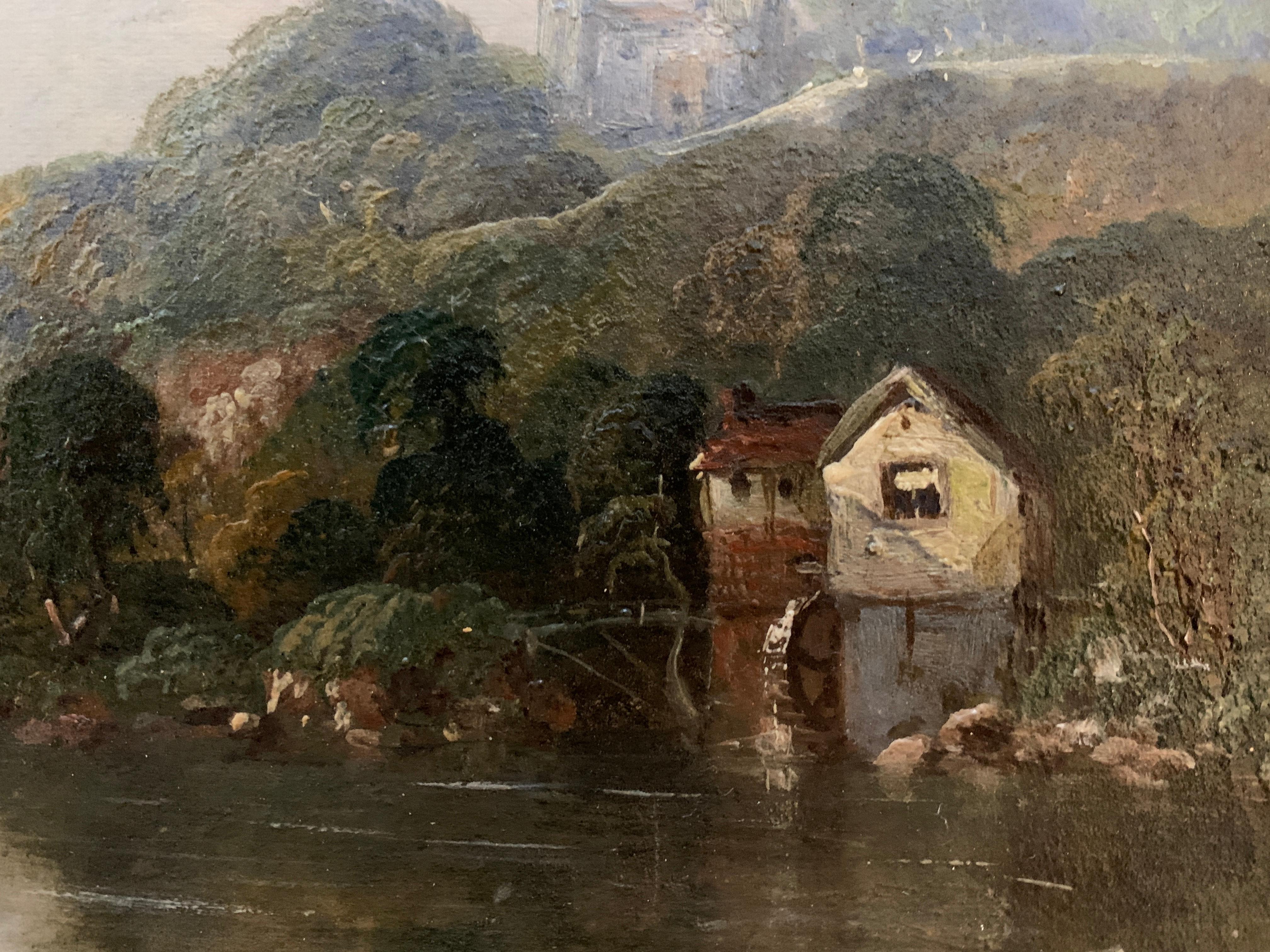 Victorian 19th century Moonlight landscape with river, fishermen and a watermill For Sale 1