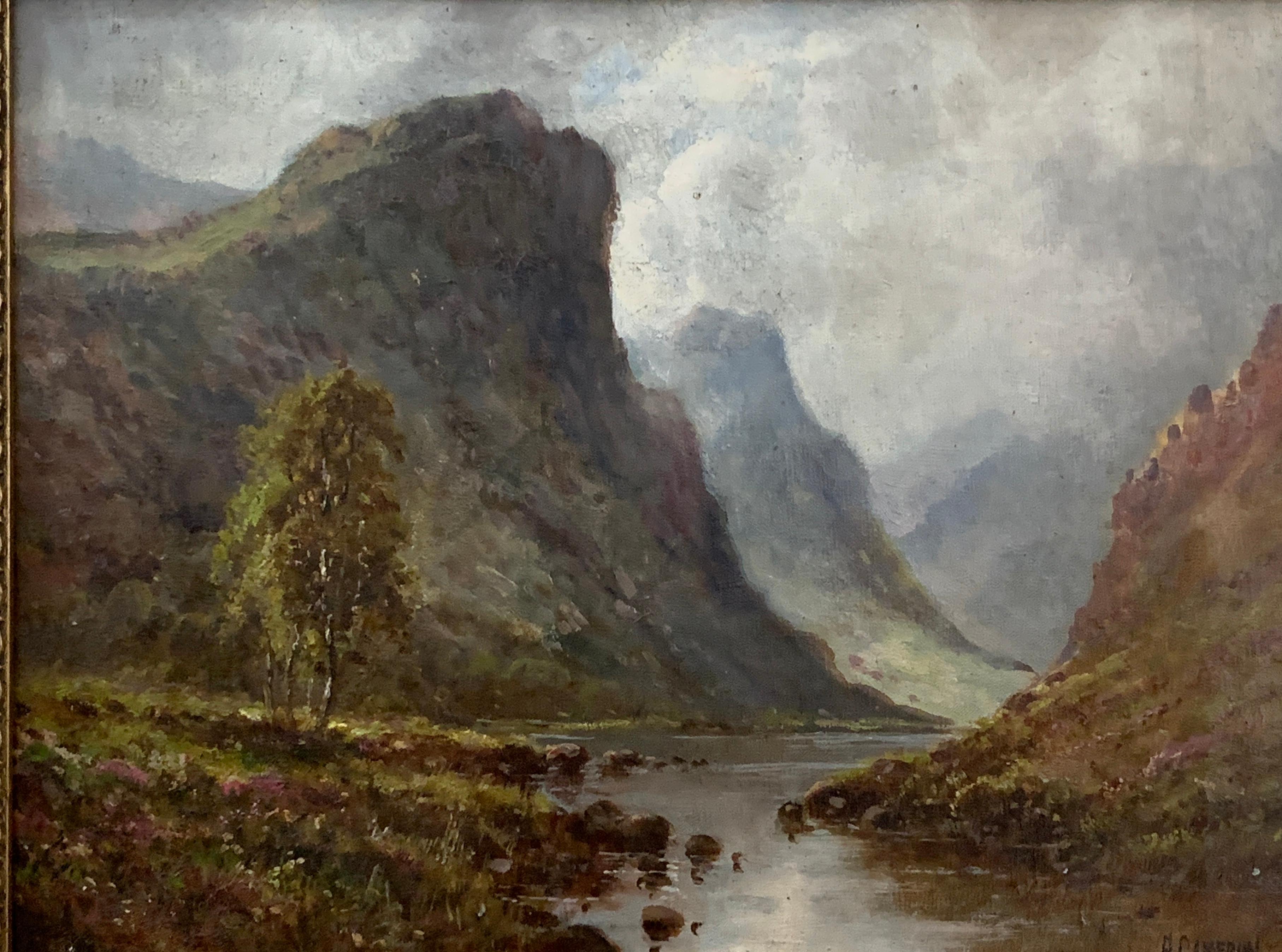 Scottish or Welsh 19thC Highland River landscape, with heather and Aspen trees - Painting by A.Cameron