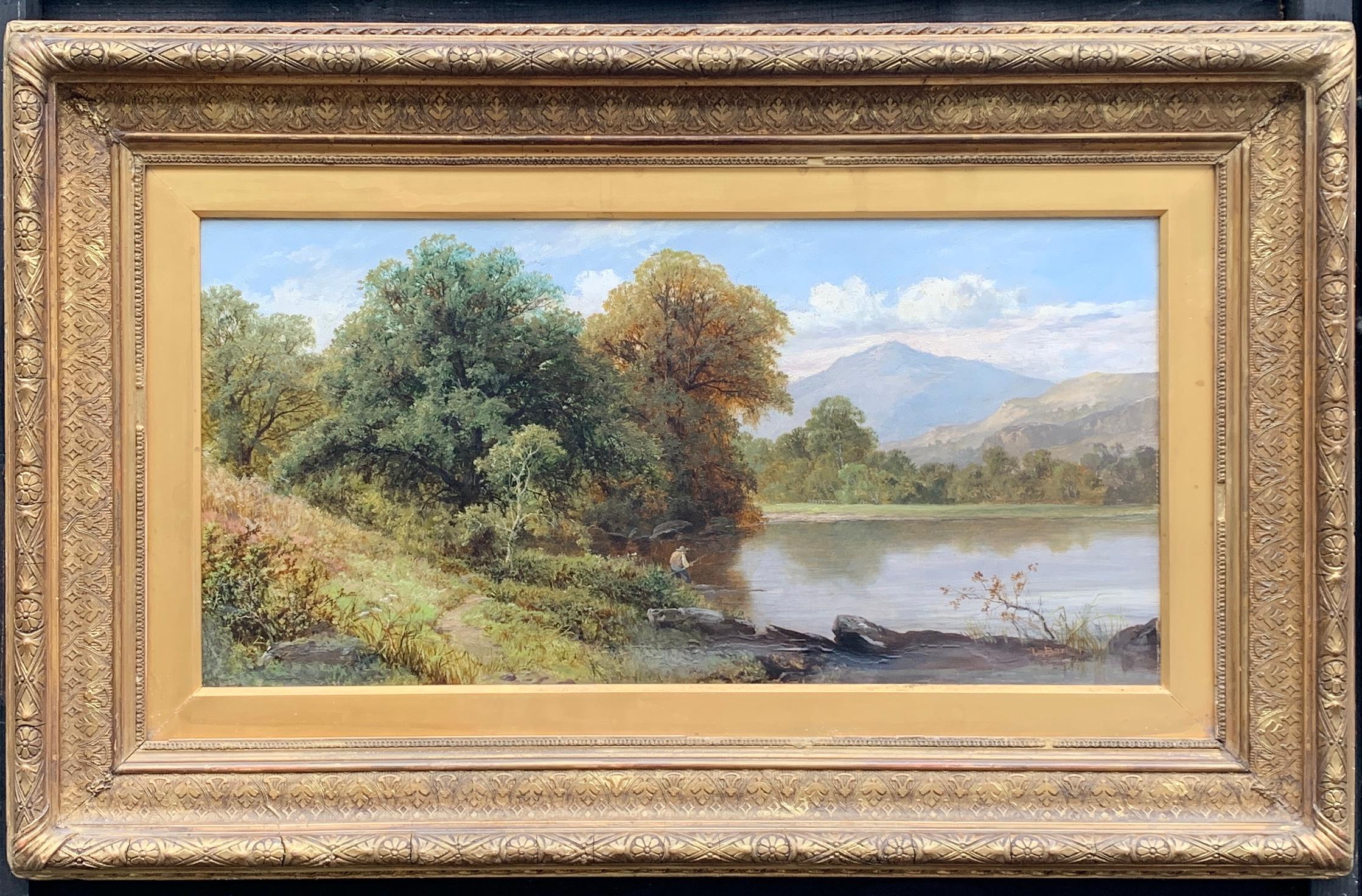 Thomas Stanley Barber Figurative Painting - English River Landscape with fisherman, 19th century, in Dolgellau, North Wales