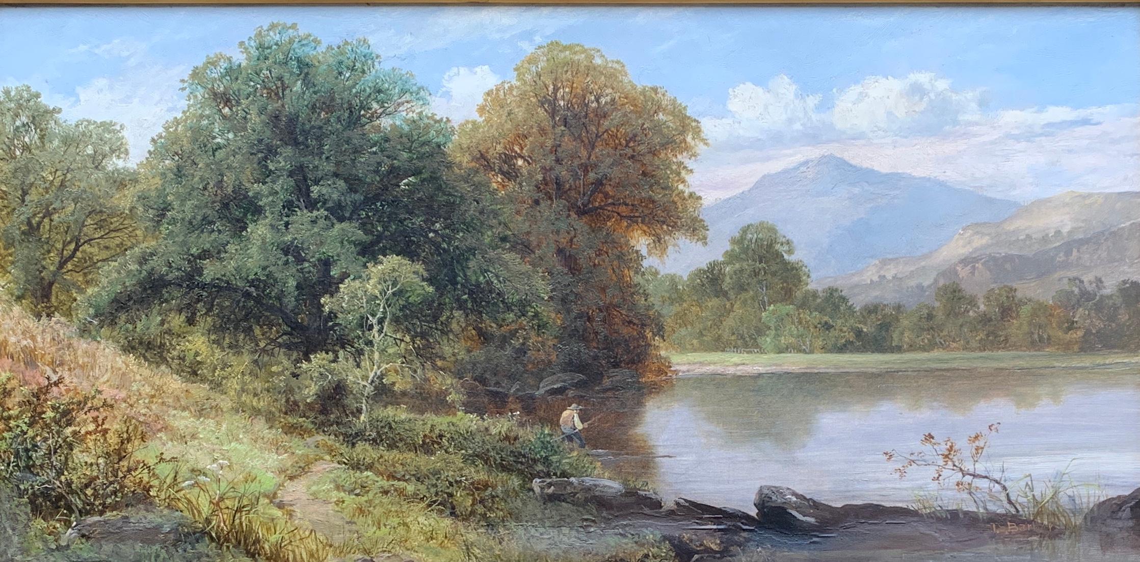 English River Landscape with fisherman, 19th century, in Dolgellau, North Wales - Painting by Thomas Stanley Barber