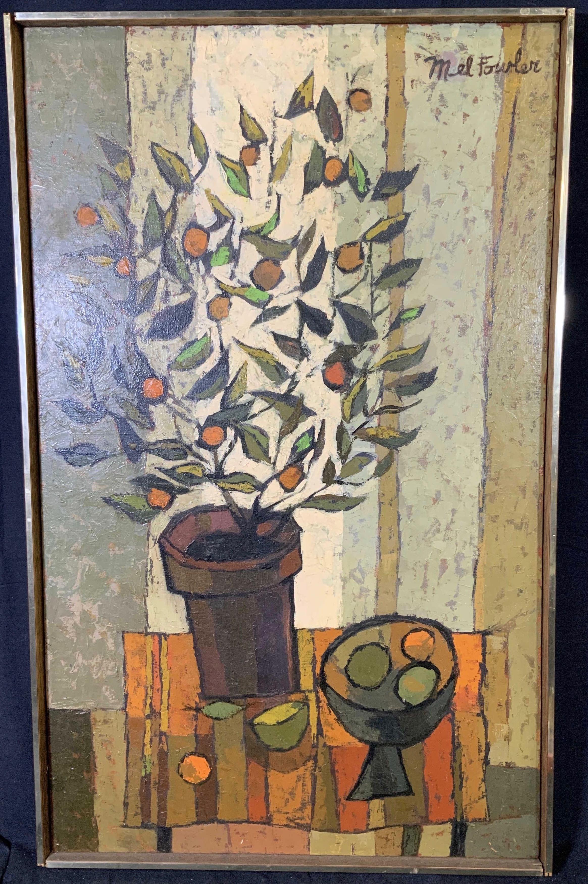 Mel Fowler Abstract Painting - Mid Century Cubist Still life of flowers, fruit, orange table cloth 1960's