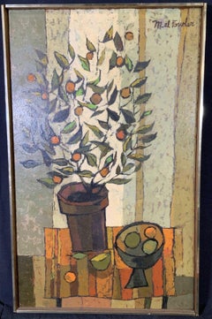 Mid Century Cubist Still life of flowers, fruit, orange table cloth 1960's