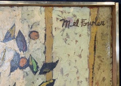 Mid Century Cubist Still life of flowers, fruit, orange table cloth 1960's