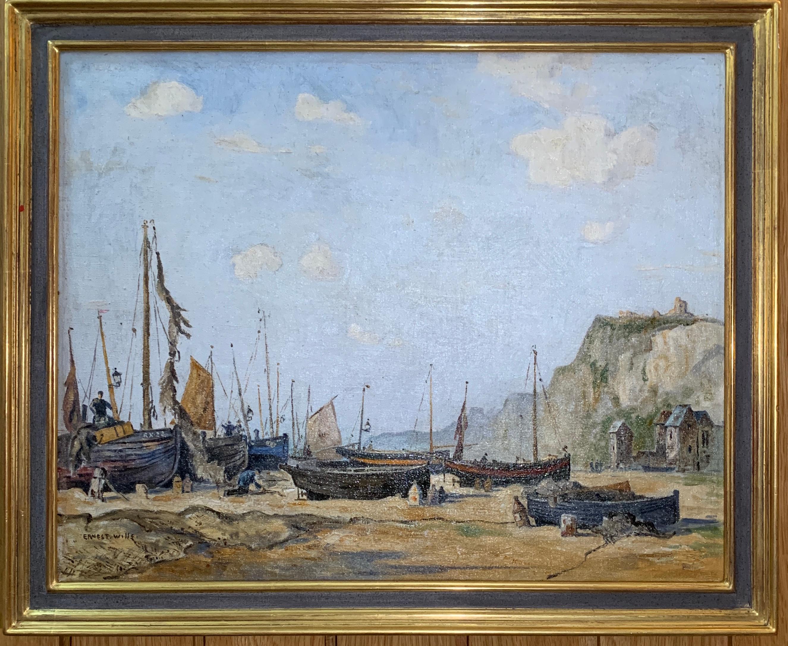Landscape Painting de Ernest Wills - Escena inglesa de playa y paisaje de mediados de siglo, con barcos de pesca y pescadores