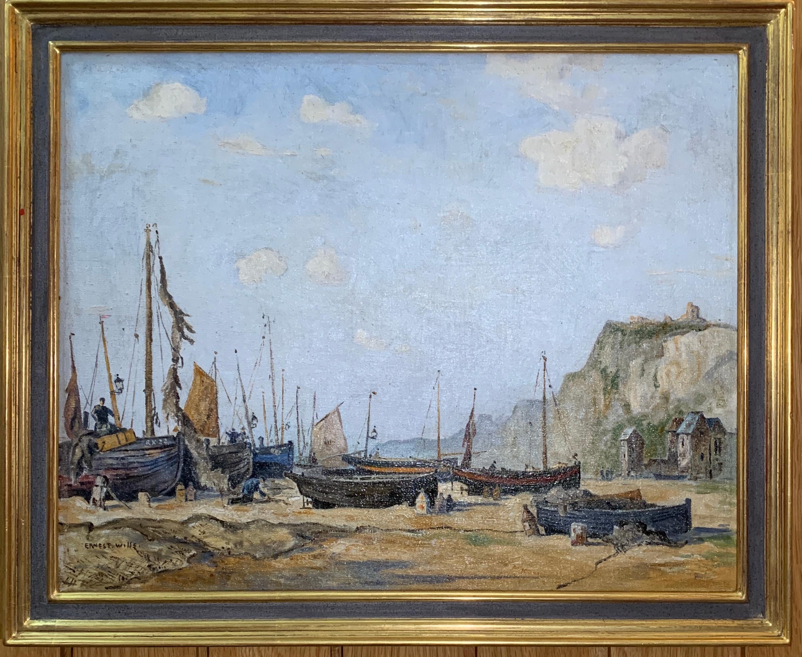 Ernest Wills Landscape Painting - English mid century beach and landscape scene, with fishing boats and fishermen